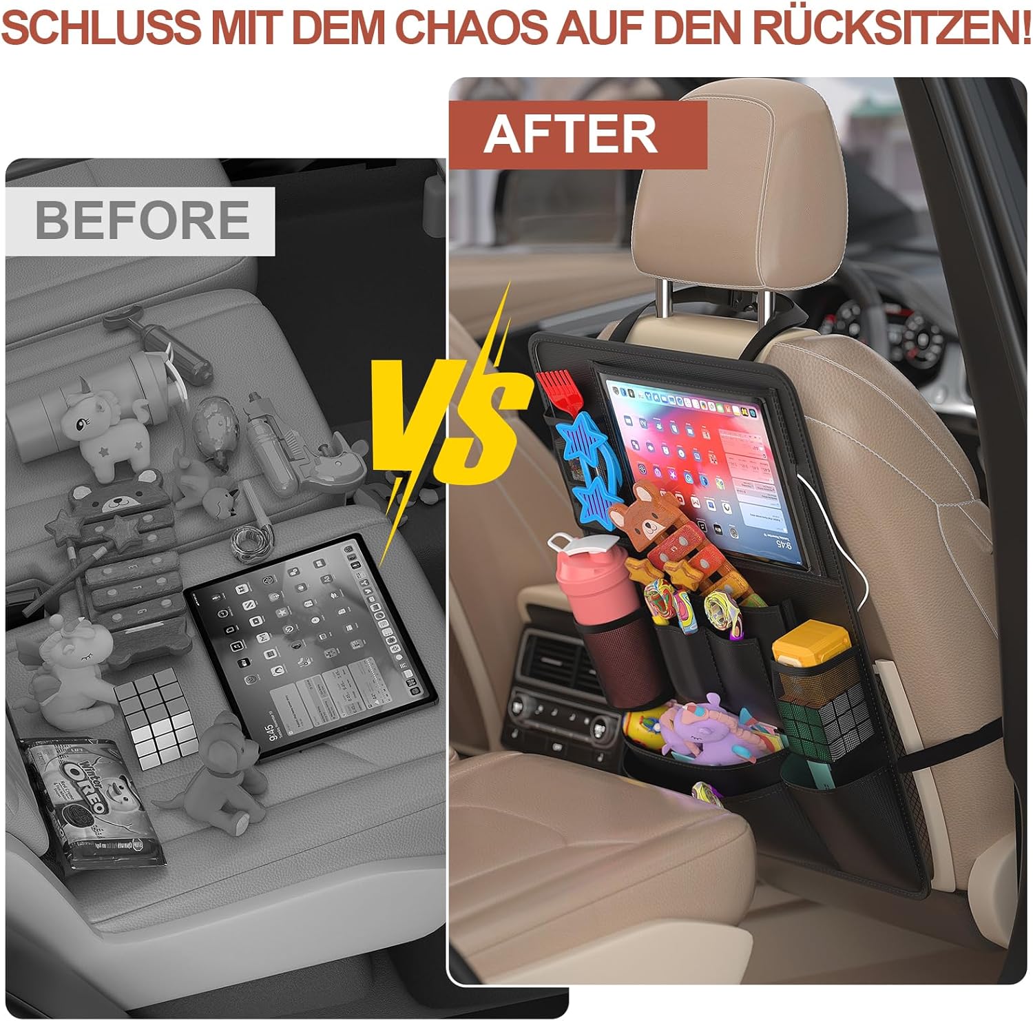 Thumbnail 4 de Oneyus Autositz Organizer für große Rückenlehnenschutz, 600D Oxford wasserdicht – mit 10 Taschen & Tablet-Hülle bis 11 Zoll