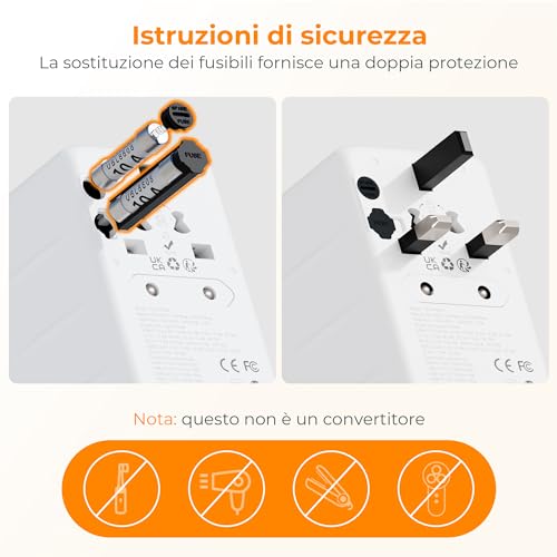 Detalle 2 de Adattatore Universale da Viaggio TESSAN: 3 USB C (140W) + 1 USB A + presa universale 2500W