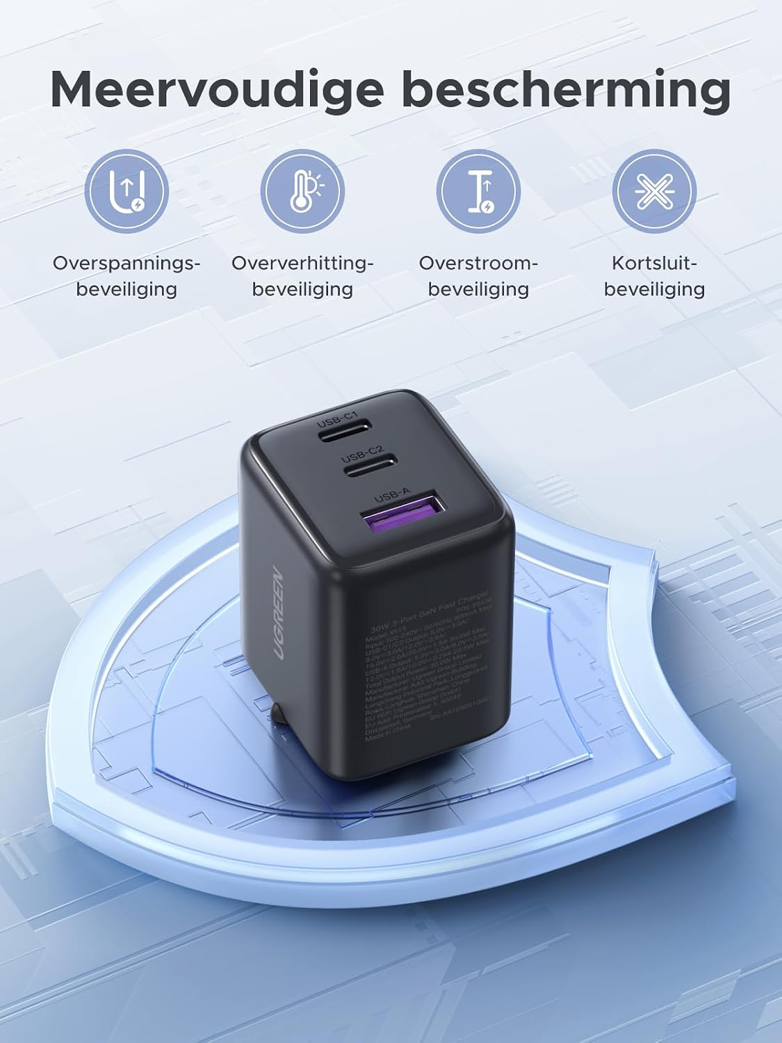 Detalle de UGREEN USB-C-lader 30 W met 2 USB-C-poorten en USB-A