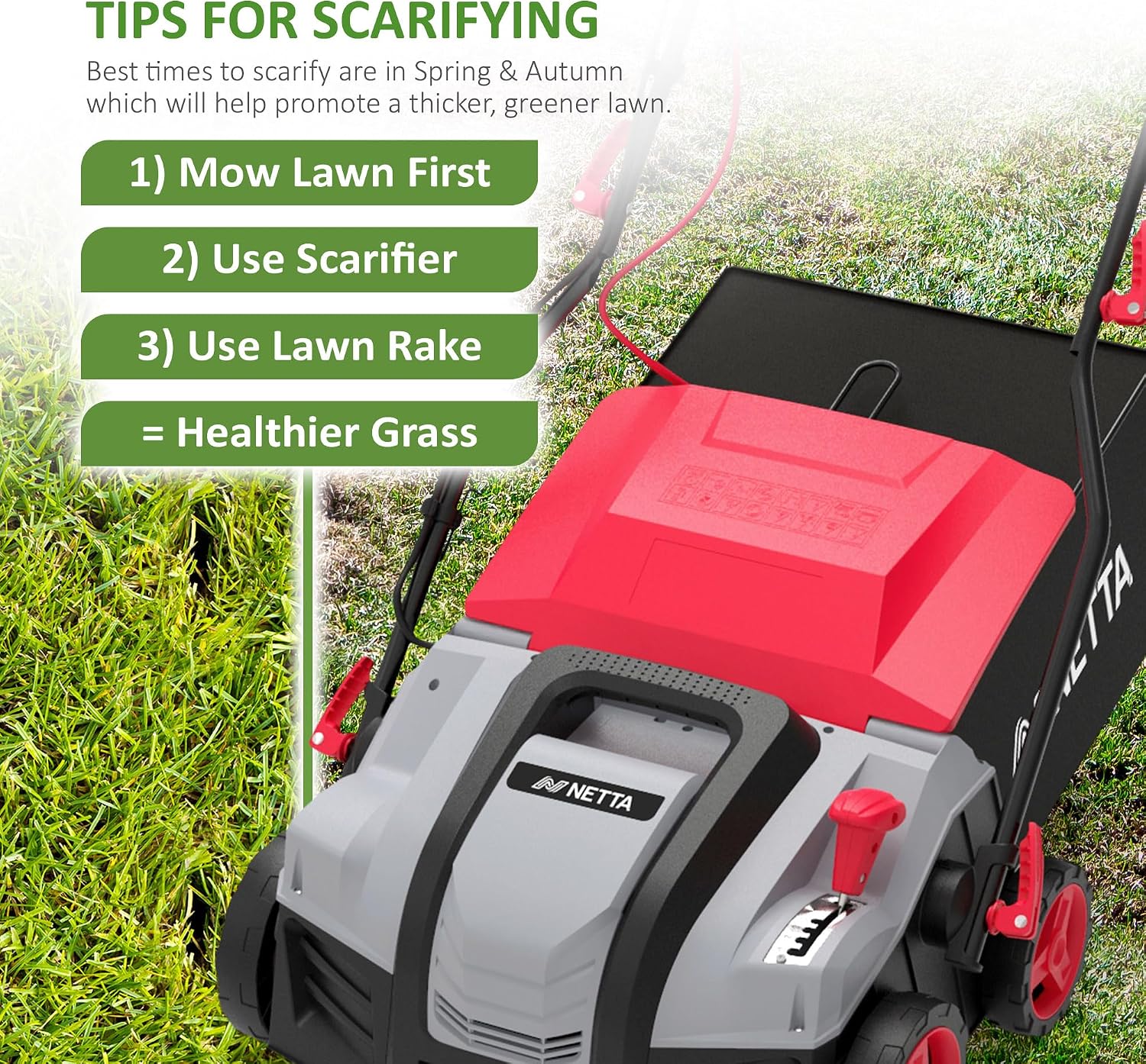 Thumbnail 6 de NETTA 2000W Lawn Scarifier and Aerator (400mm) with 55L Grass Box, 5 Depth Settings, 10m Cable