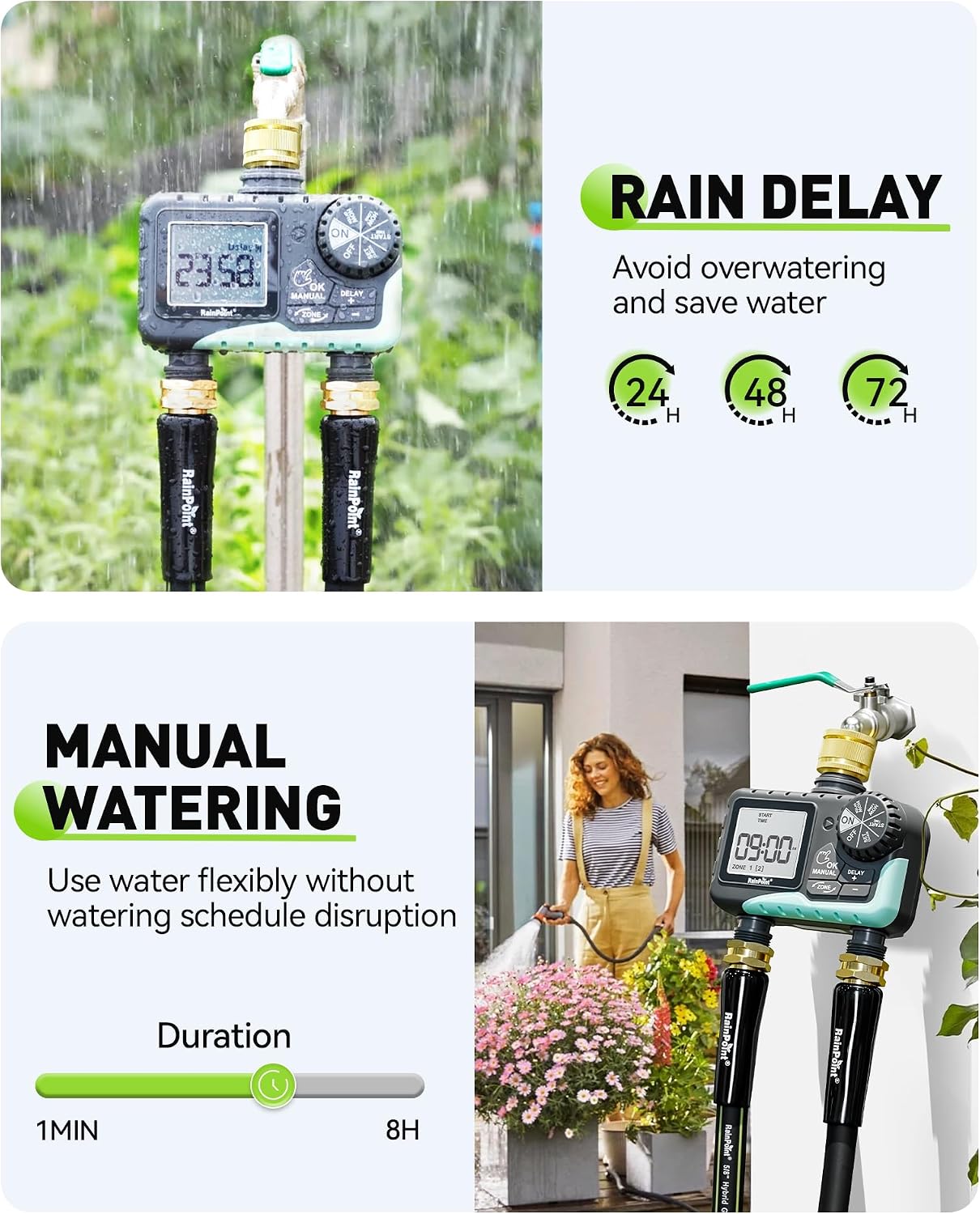 Thumbnail 3 de RAINPOINT Water Timer 2 Outlets with Brass Inlet – IP65 Waterproof, Dual-Zone Garden Irrigation Timer