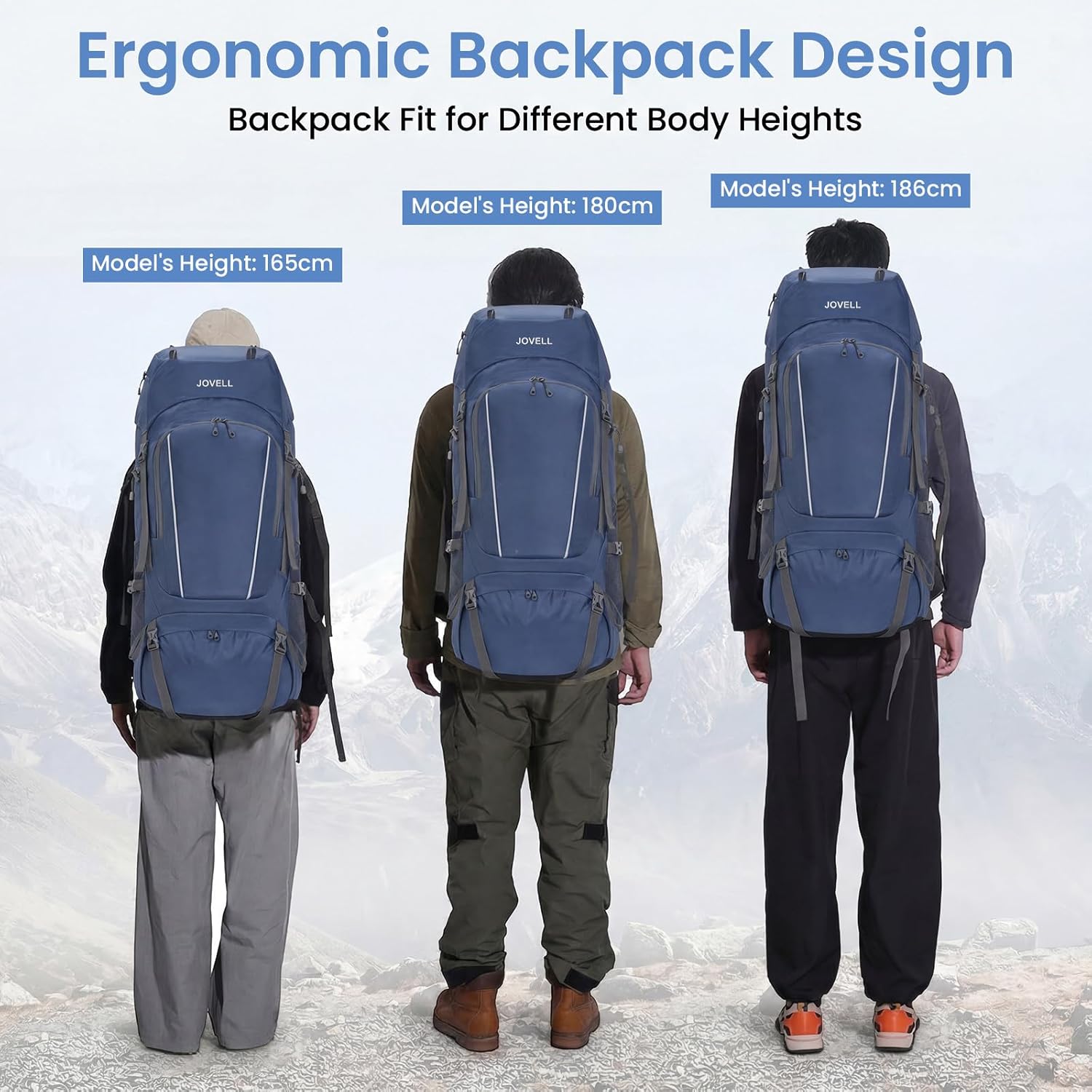 Detalle 2 de JOVELL 70L Zaino da Escursionismo con Copripioggia – 70 litri di capacità, comfort e versatilità per trekking e campeggio