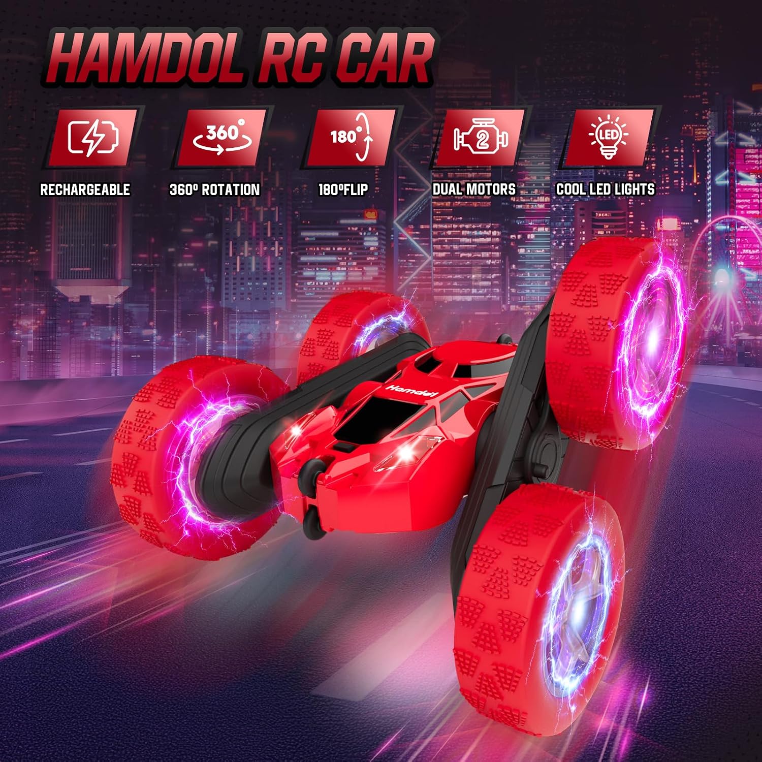 Detalle 2 de Hamdol GLOW Red Fighter Edition 4WD RC Stunt Car with LED Lights