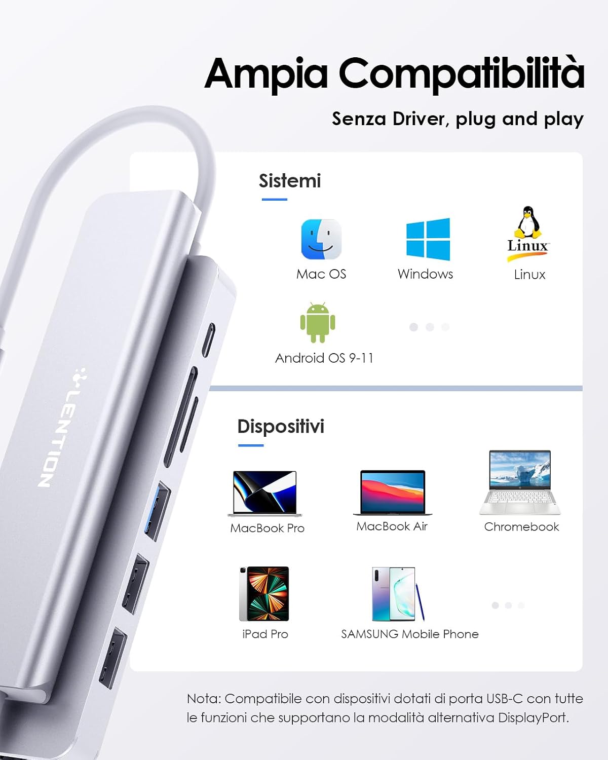 Thumbnail 6 de LENTION Hub USB-C 7 in 1 con HDMI 4K 60Hz e PD 100W, lettore SD/TF (argento)