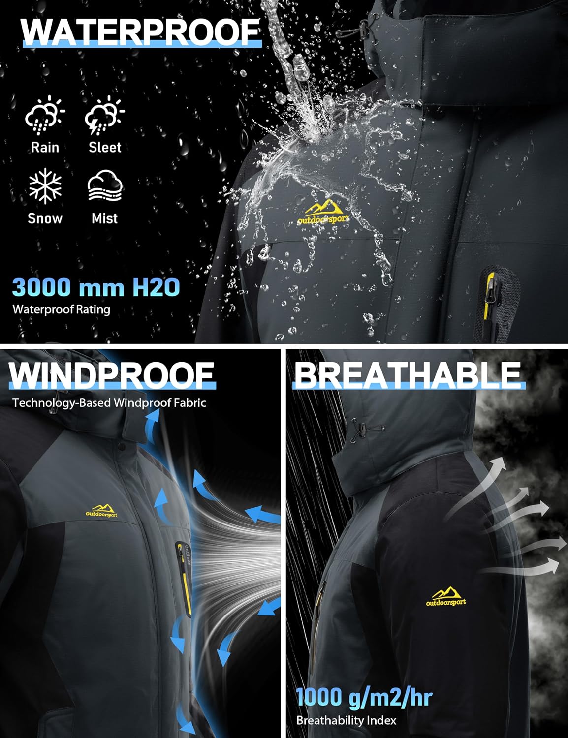 Detalle de TACVASEN Men's Winter Ski Jacket Waterproof Hooded