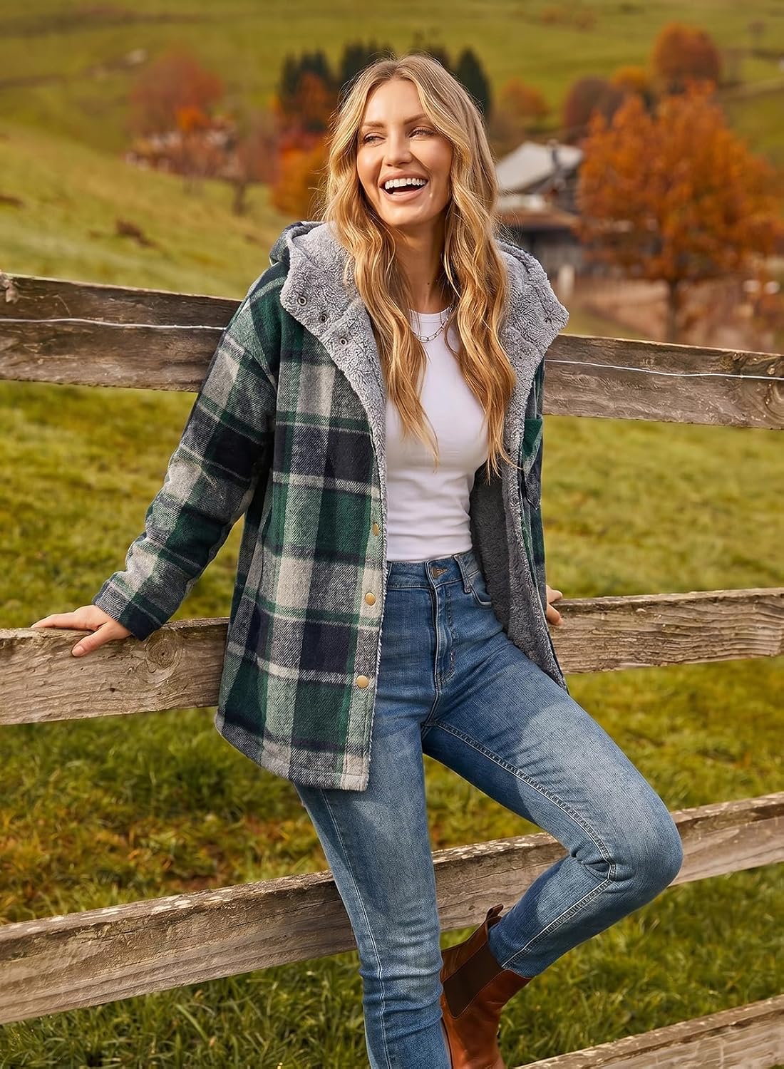 Detalle 1 de Dokotoo 2025 Flannel Hooded Plaid Shacket — Fleece Jacket