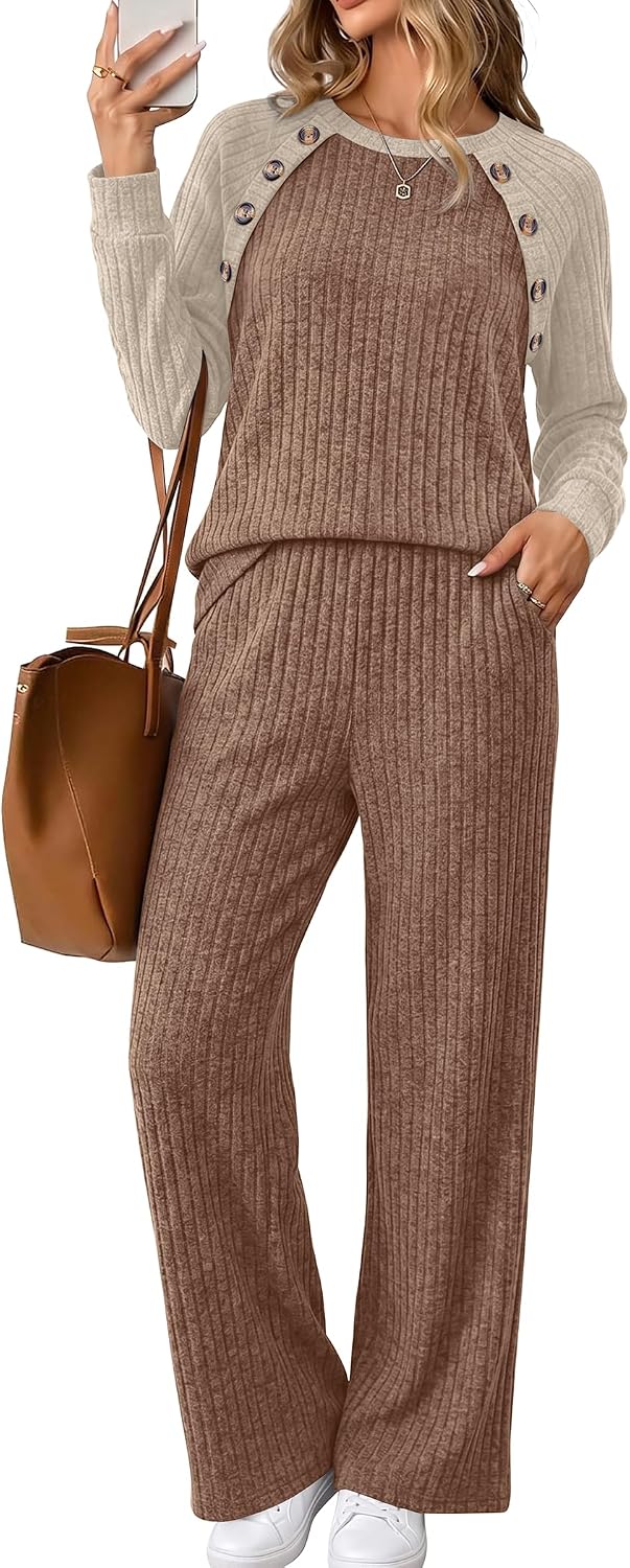 Detalle de WIHOLL Women's Ribbed Knit Lounge Set with Button-Shoulder Sweater