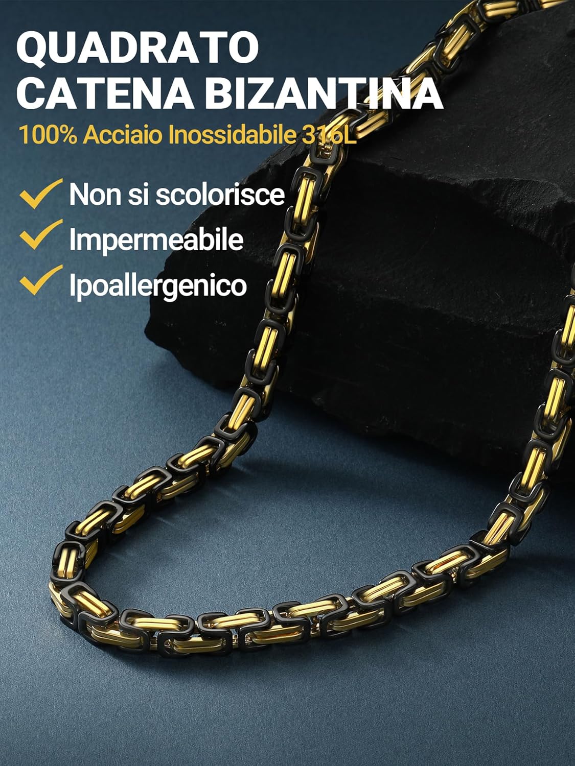Thumbnail 5 de PROSTEEL Collana uomo Bizantina in acciaio con maglia intrecciata 4mm/6mm, finiture argento nero oro 18K e catena punk