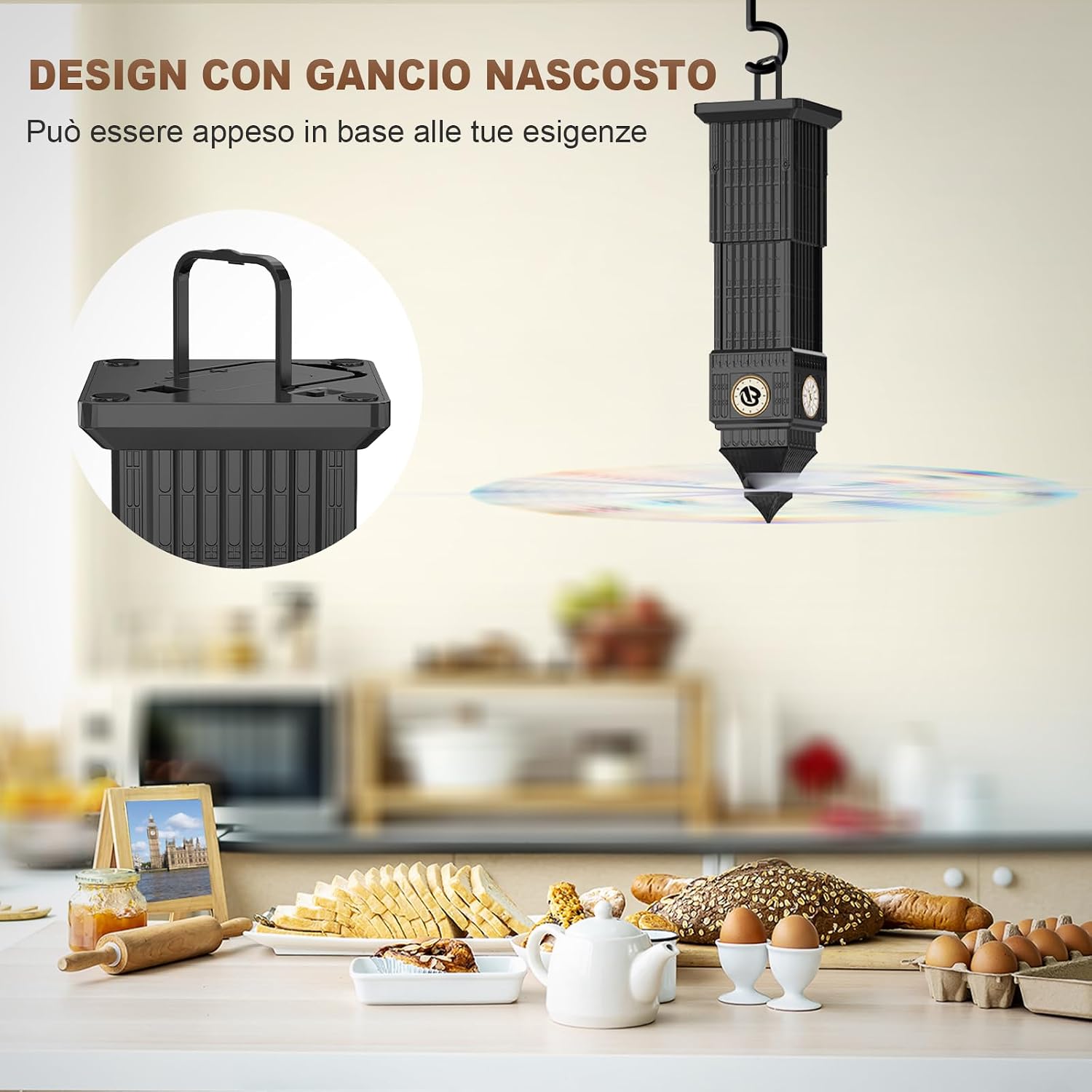Detalle 2 de Repellente per Mosche a 4 ventole: Ventilatore Repellente Portatile da Tavolo con gancio