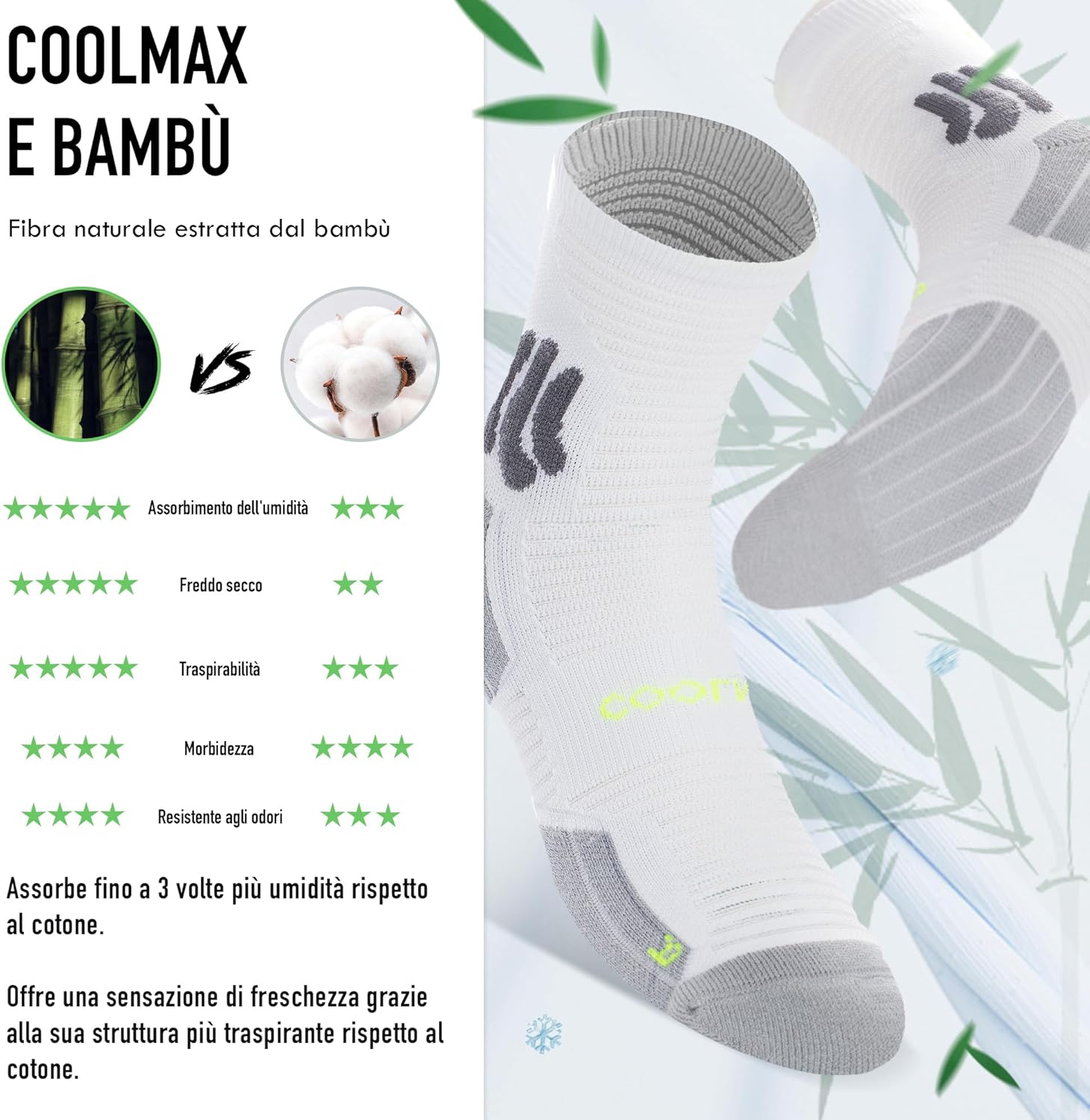 Detalle de BRISIRA Coolmax Bamboo 3 paia calzini running uomo donna con compressione e supporto arco, anti vesciche