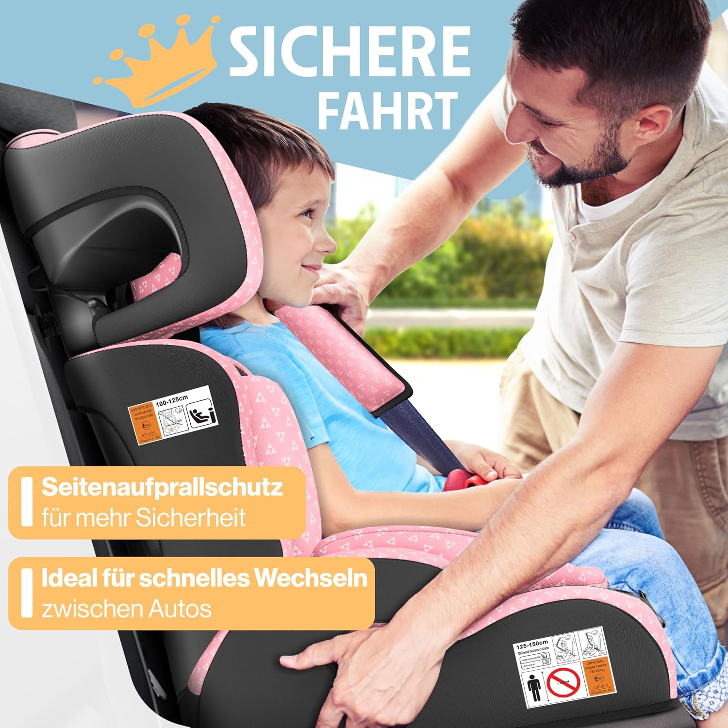 Thumbnail 6 de KIDIZ Autokindersitz i-Size R129 (100–150 cm) bis 12 Jahre – Gruppe 1/2/3 ohne Isofix, 5-Punkt-Gurt, Rosa