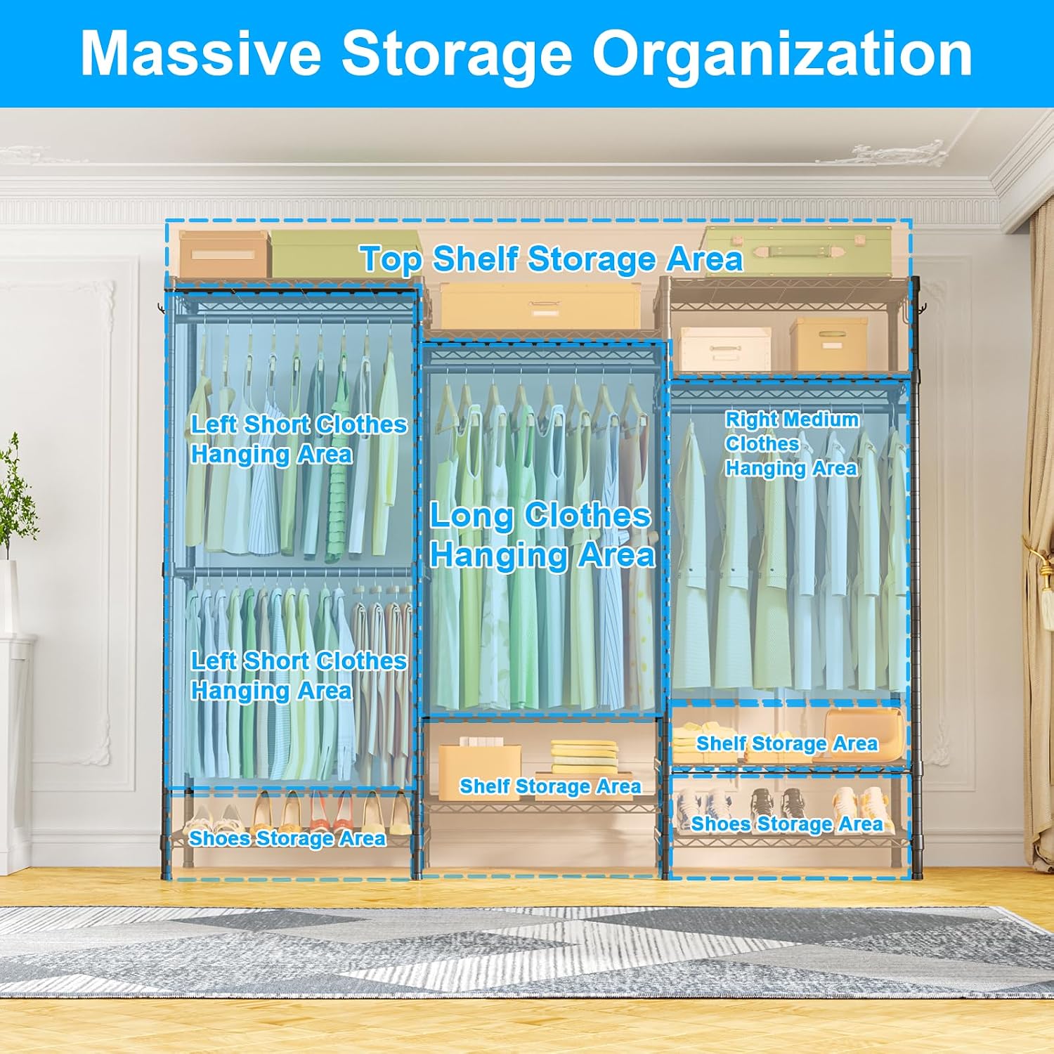 Detalle de Ulif E13C Closet Organizer with 8 Shelves, 4 Hanging Rods and Dust Cover