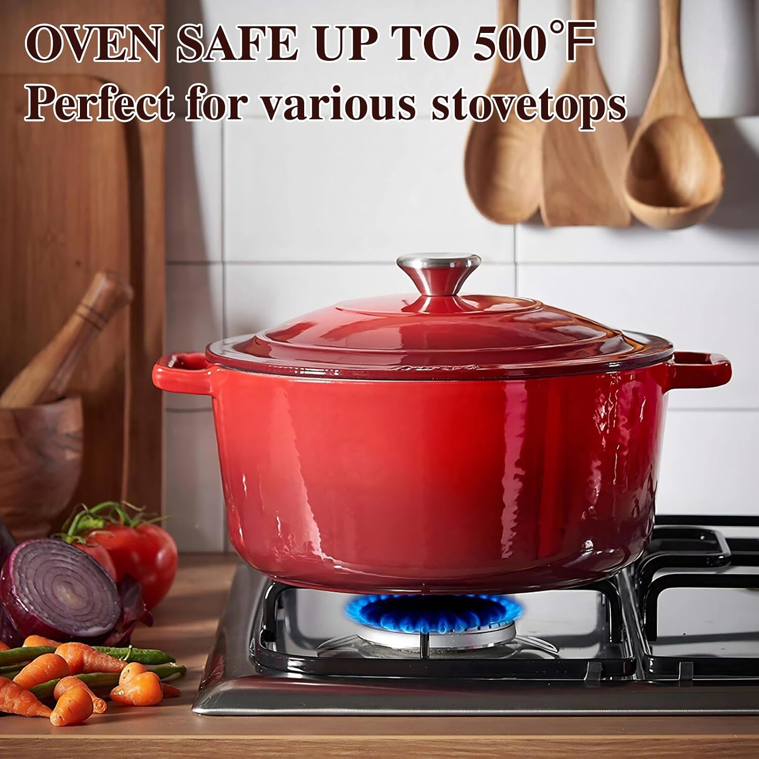 Detalle de Umite Chef 5QT Enameled Cast Iron Dutch Oven with Lid & Cotton Potholders (Red)
