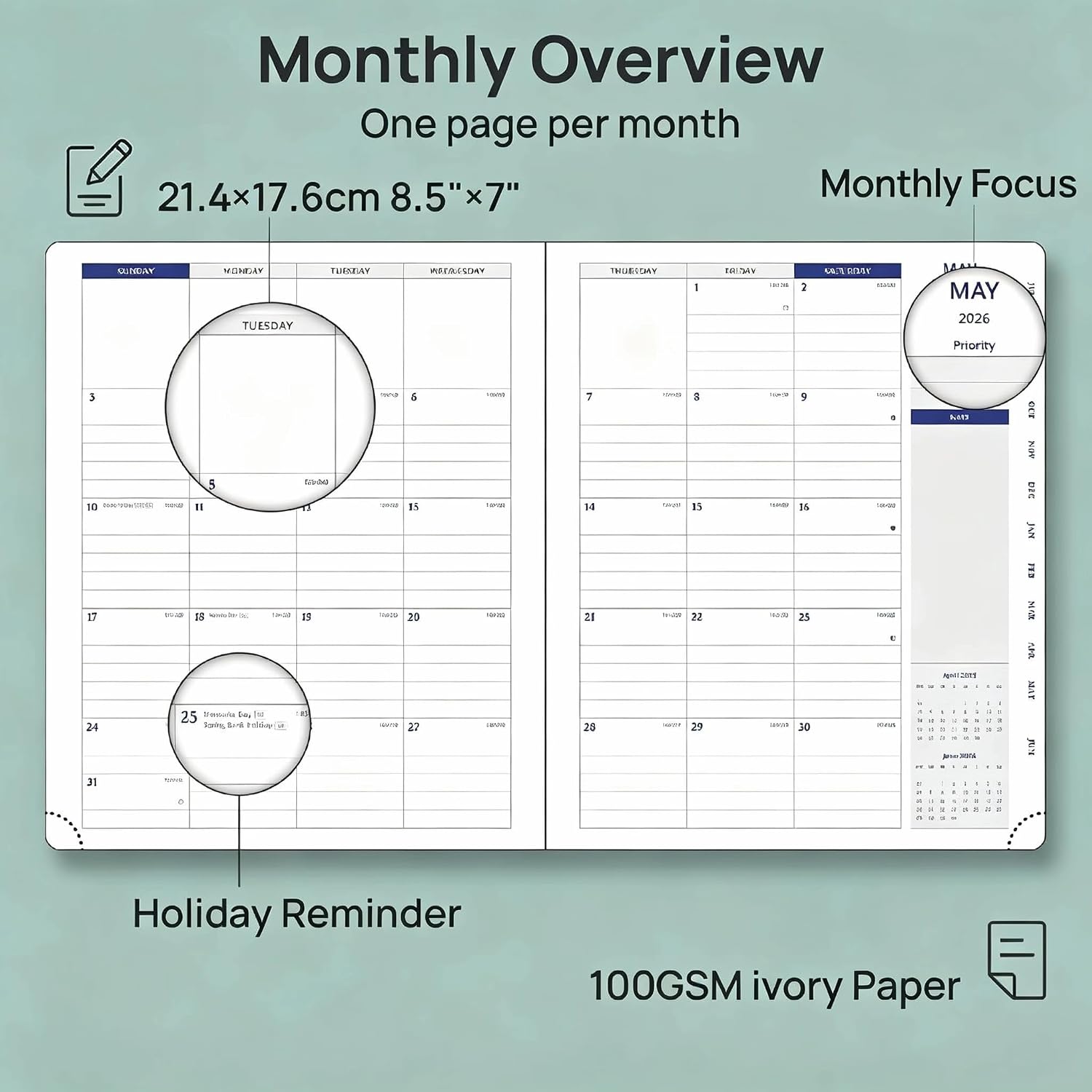 Detalle 2 de POPRUN Weekly Planner 2026-2027, 7" x 8.5" with 30-Minute Time Slots