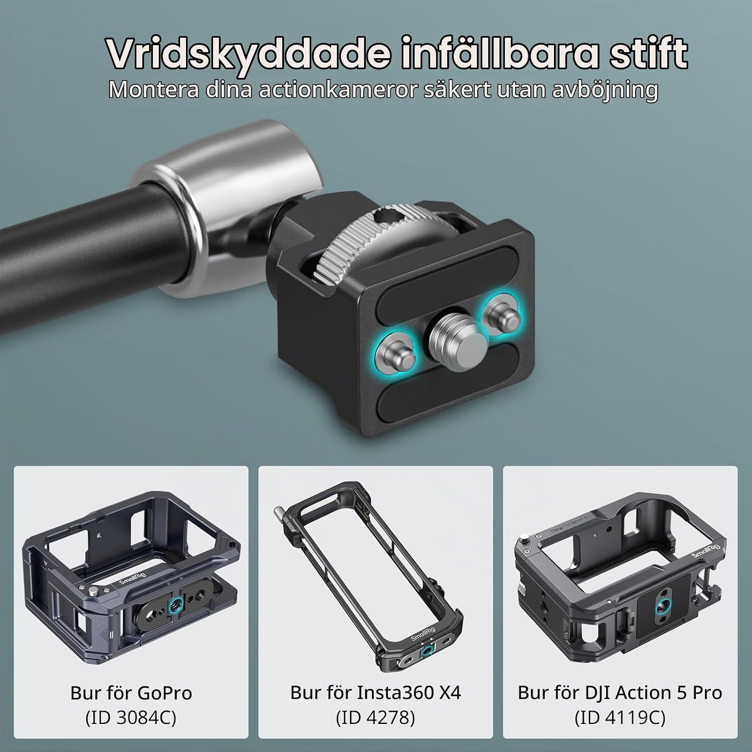 Detalle de SMALLRIG 5312 Magic Arm med klämfäste, 1/4-tumsskruv och utdragbart stift