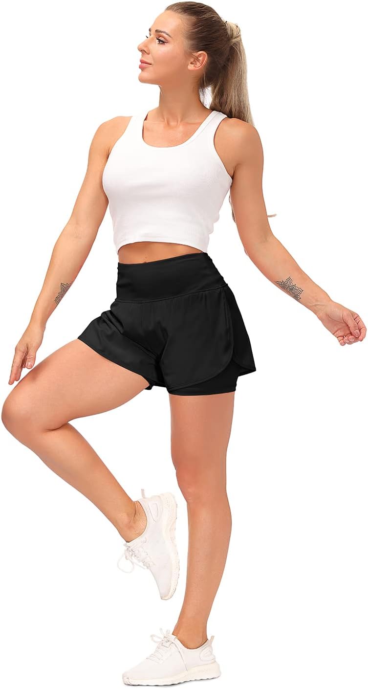 Detalle de Tincini Damen 2-in-1 Laufshorts Sommer – leichte Lauf-/Sportshorts mit Double-Layer & Innentasche