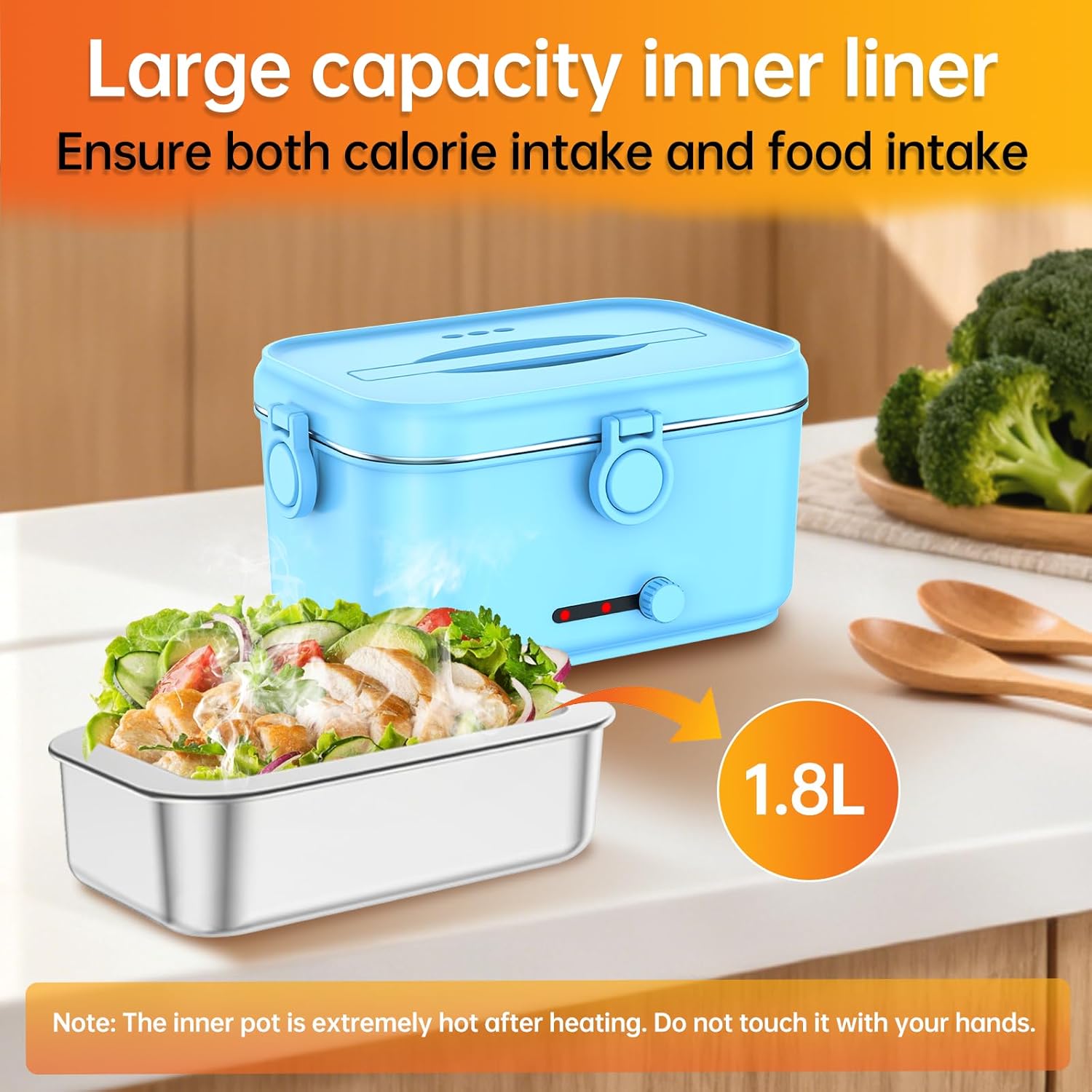 Detalle de Mangoin Heated Electric Lunch Box for Adults, 80W Portable Food Warmer (1.8L Stainless Steel) with Car/Home Flexibility