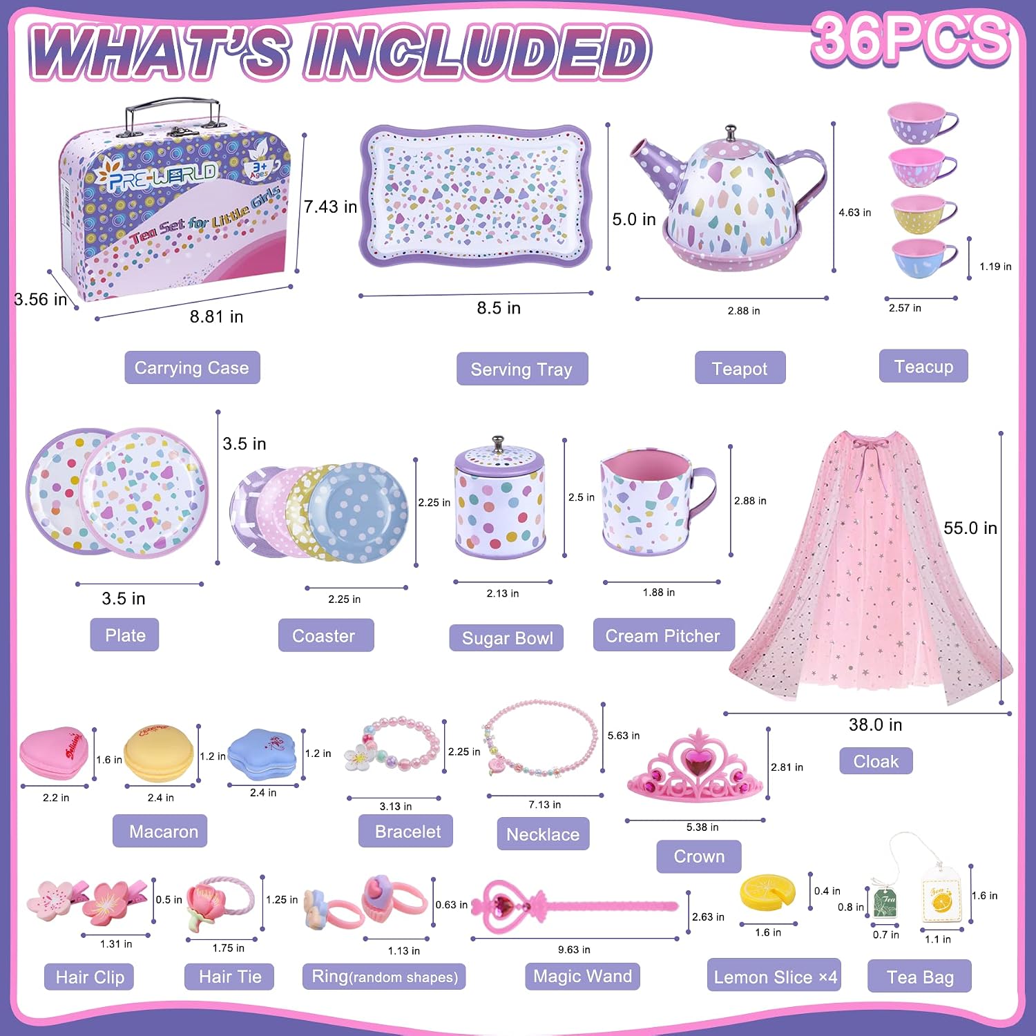 Detalle de Tea Party Set for Little Girls (36-Piece Princess Pretend Play Set) with Dress-Up Accessories