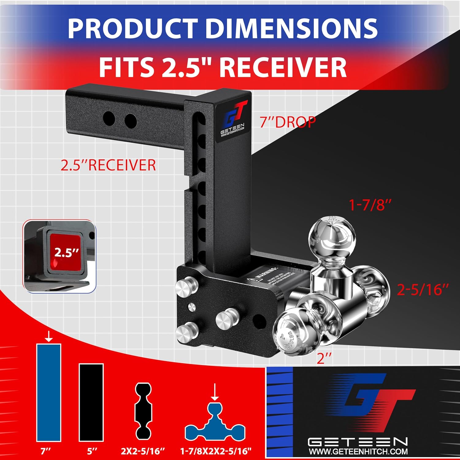 Thumbnail 2 de Geteen GT25073B Adjustable Trailer Hitch Ball Mount for 2.5" Receiver (Tri-Ball, 7" Drop, up to 15,000 GTW)