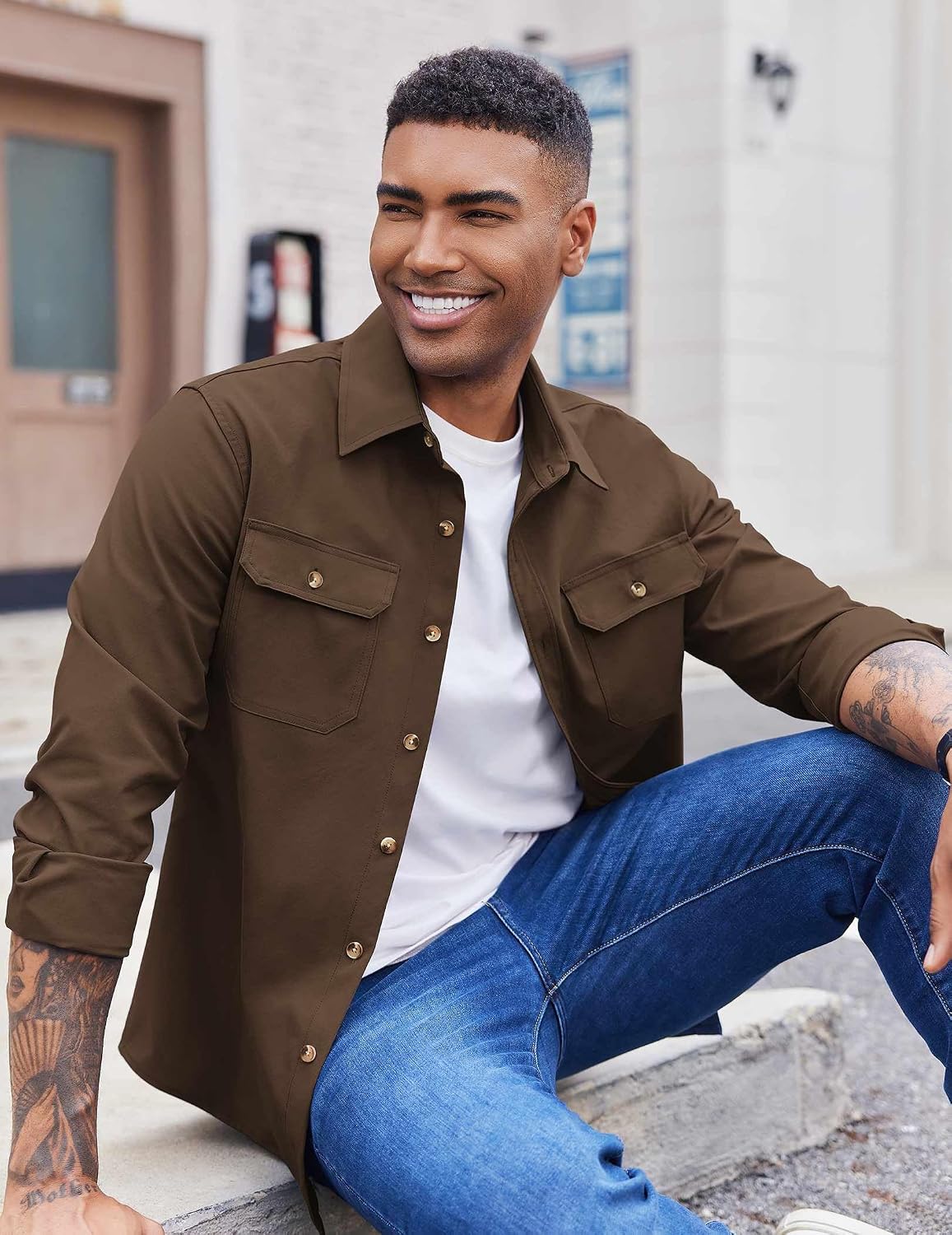 Detalle de COOFANDY Men's Long Sleeve Shirt Jacket with Button-Flap Pockets