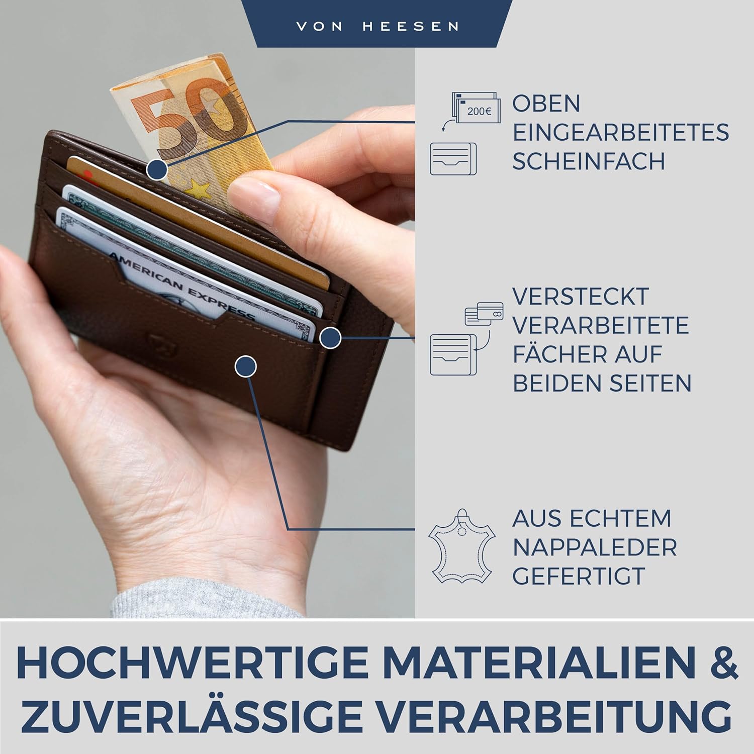 Thumbnail 5 de VON HEESEN Echtleder RFID Kartenetui aus Nappa-Leder – Querformat mit 9 Fächern, Braun