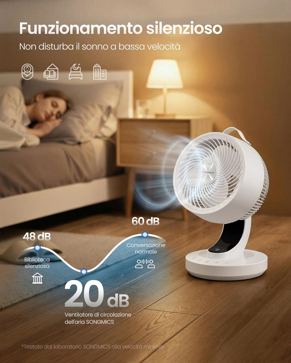 Detalle 2 de SONGMICS Ventilatore da Tavolo XFC001W1EU: Silenzioso, 8 Velocità e Controllo Remoto per la Camera da Letto