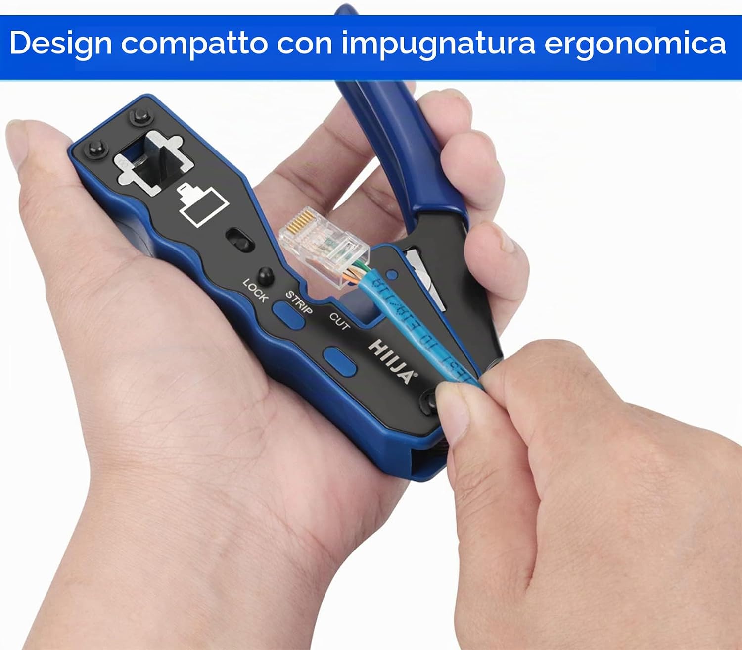 Detalle de Hiija pinza crimpatrice RJ45 passante 8P8C + kit per cavi LAN (Cat5, Cat5e, Cat6) con 50 connettori RJ45, coperture e tester