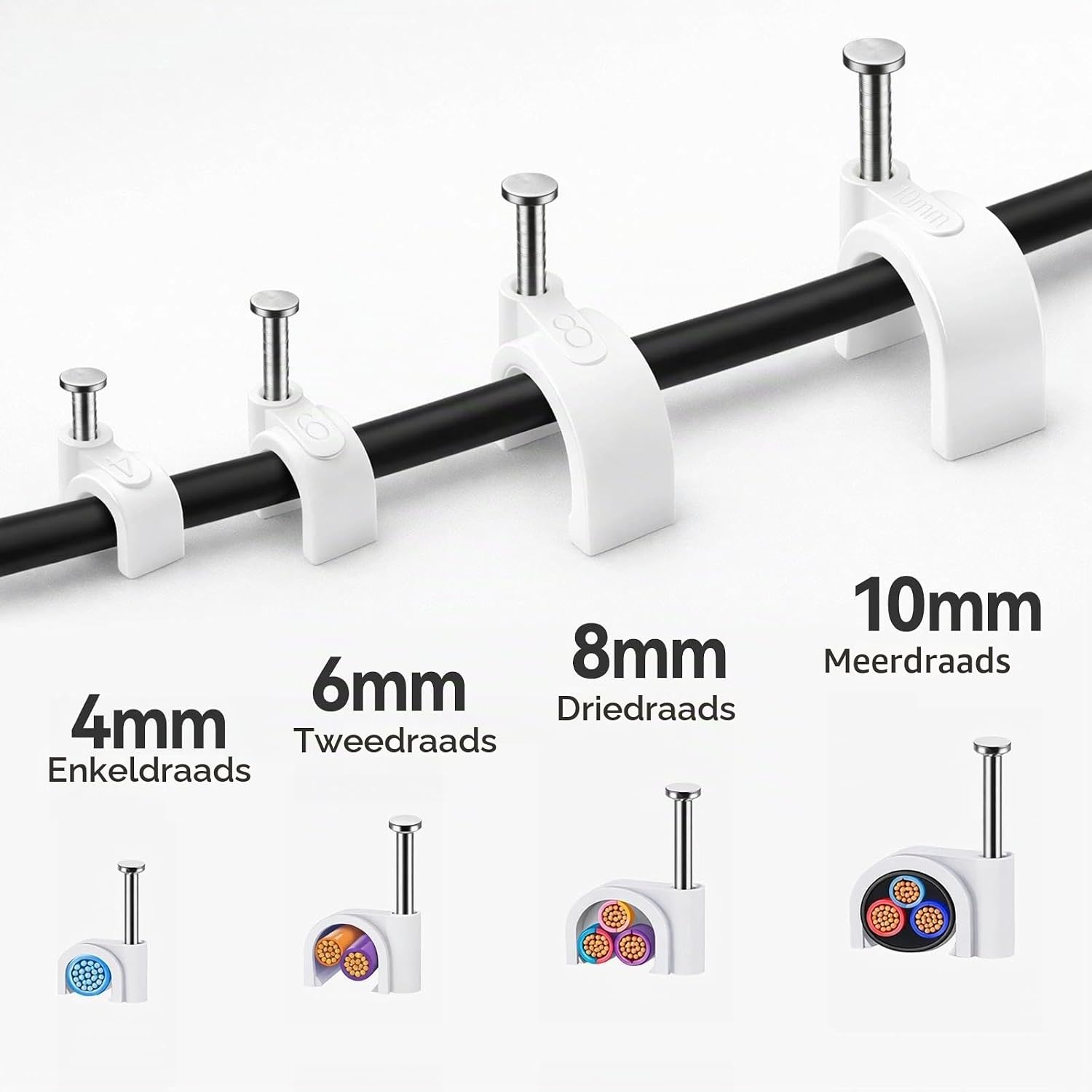 Detalle 2 de Aujzoo kabelclips, 4, 6, 8 en 10 mm, 80 witte clips met stalen nagels