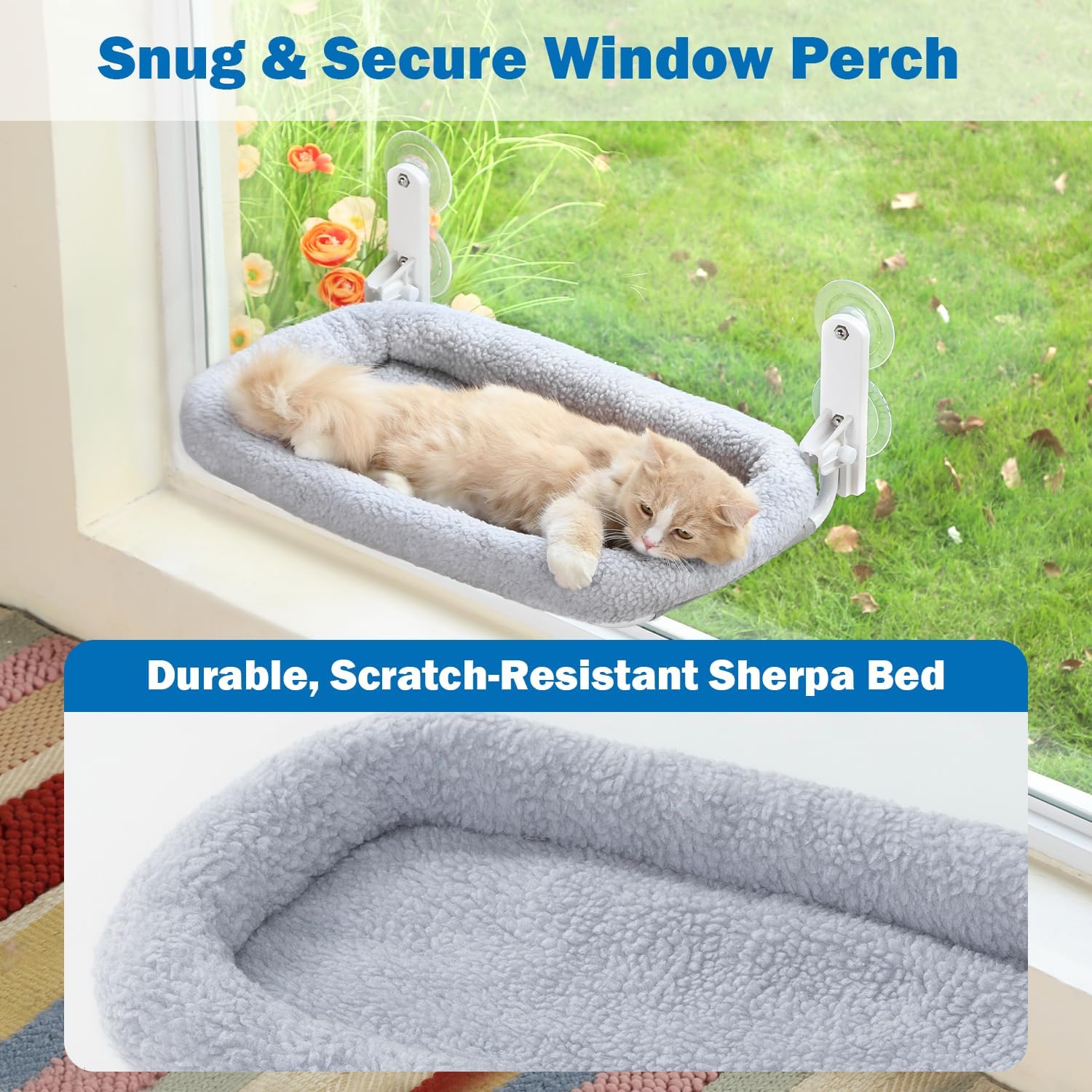 Thumbnail 5 de Zakkart Foldable Cat Hammock for Window (Cordless) with Machine-Washable Bed, Metal Frame & ABS Brackets – Large Gray Bolster