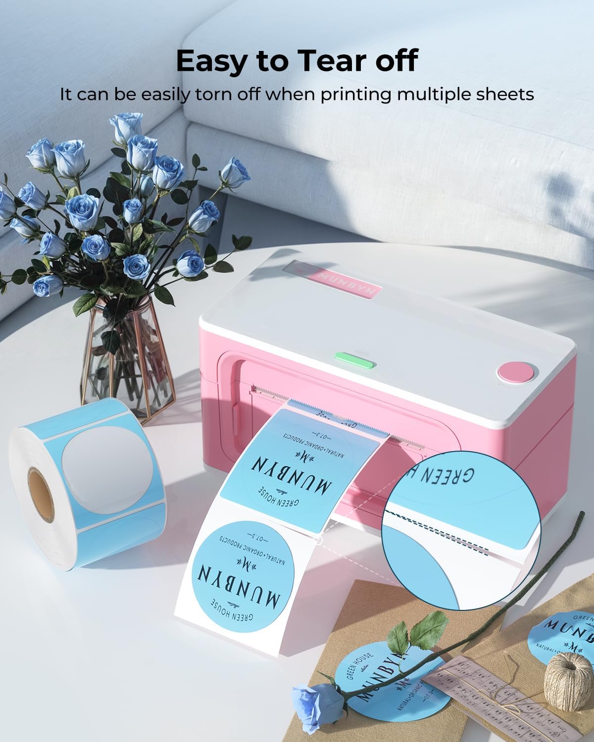 Detalle de MUNBYN 50x50mm Blue Circle Thermal Sticker Labels 750