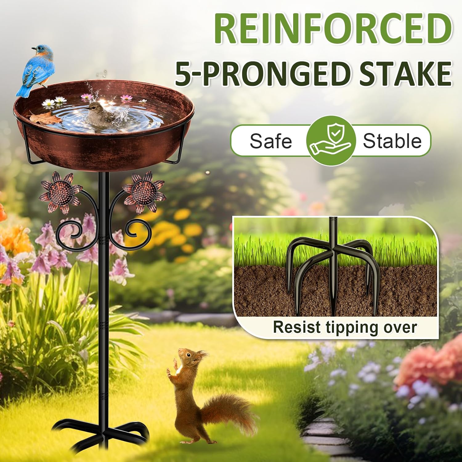 Detalle de LOVEBUY Metal Bird Bath -0518, 12-inch Removable Bowl, 5-Prong Stake