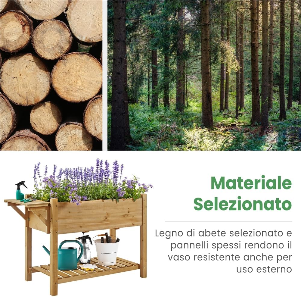 Thumbnail 6 de Yaheetech Fioriera rialzata in legno FSC per balcone e giardino con griglie e ripiano pieghevole 123,5 x 54 x 80 cm