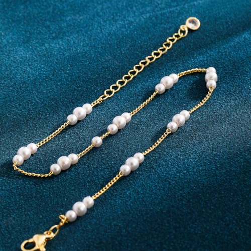 Detalle de VIROMY Zierliche Perle Fußkettchen für Frauen – feines Gold-Design mit drei Perlen
