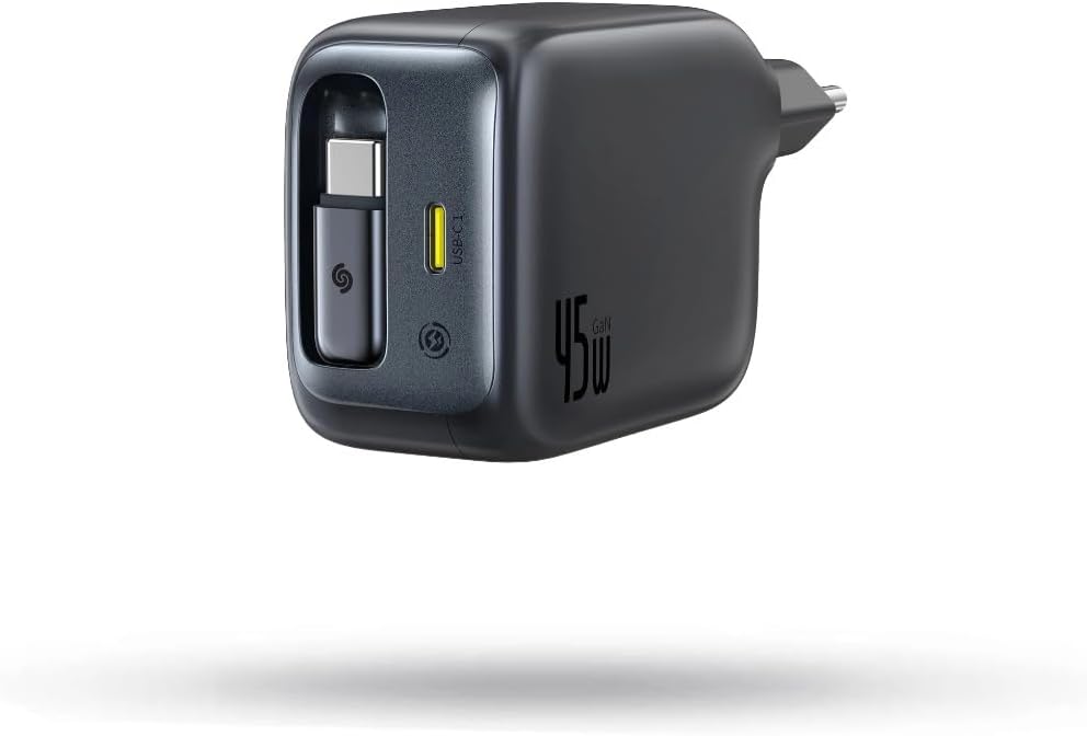 Detalle de Chargeur USB‑C 45W Baseus Enercore avec câble intégré – charge rapide et rétractable