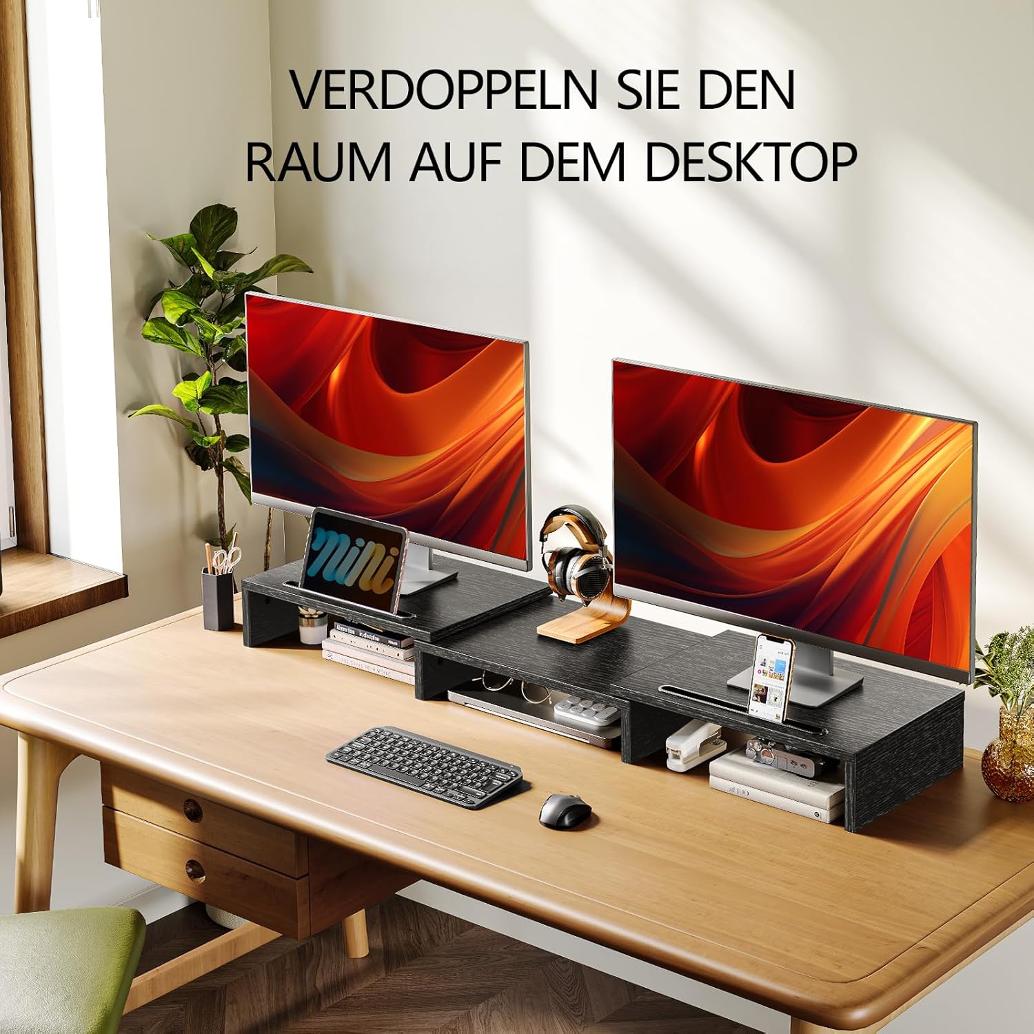 Detalle de AMERIERGO Dual-Monitorständer für 2 Monitore – verstellbarer Desktop-Standfuß mit integrierten Ablagen