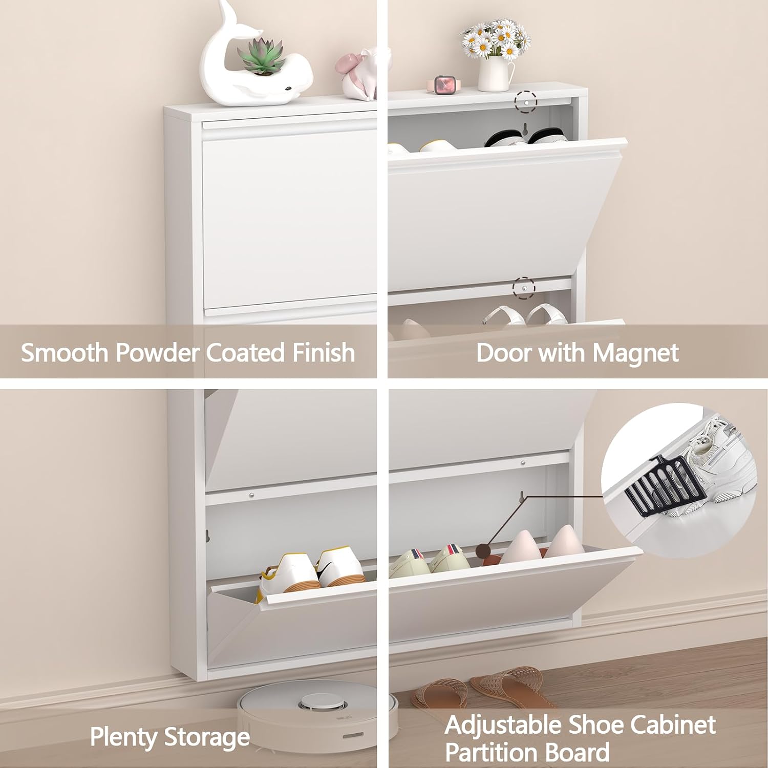 Detalle 2 de GREATMEET S-WHITE3 Metal Shoe Cabinet, 3 Flip Drawers, White