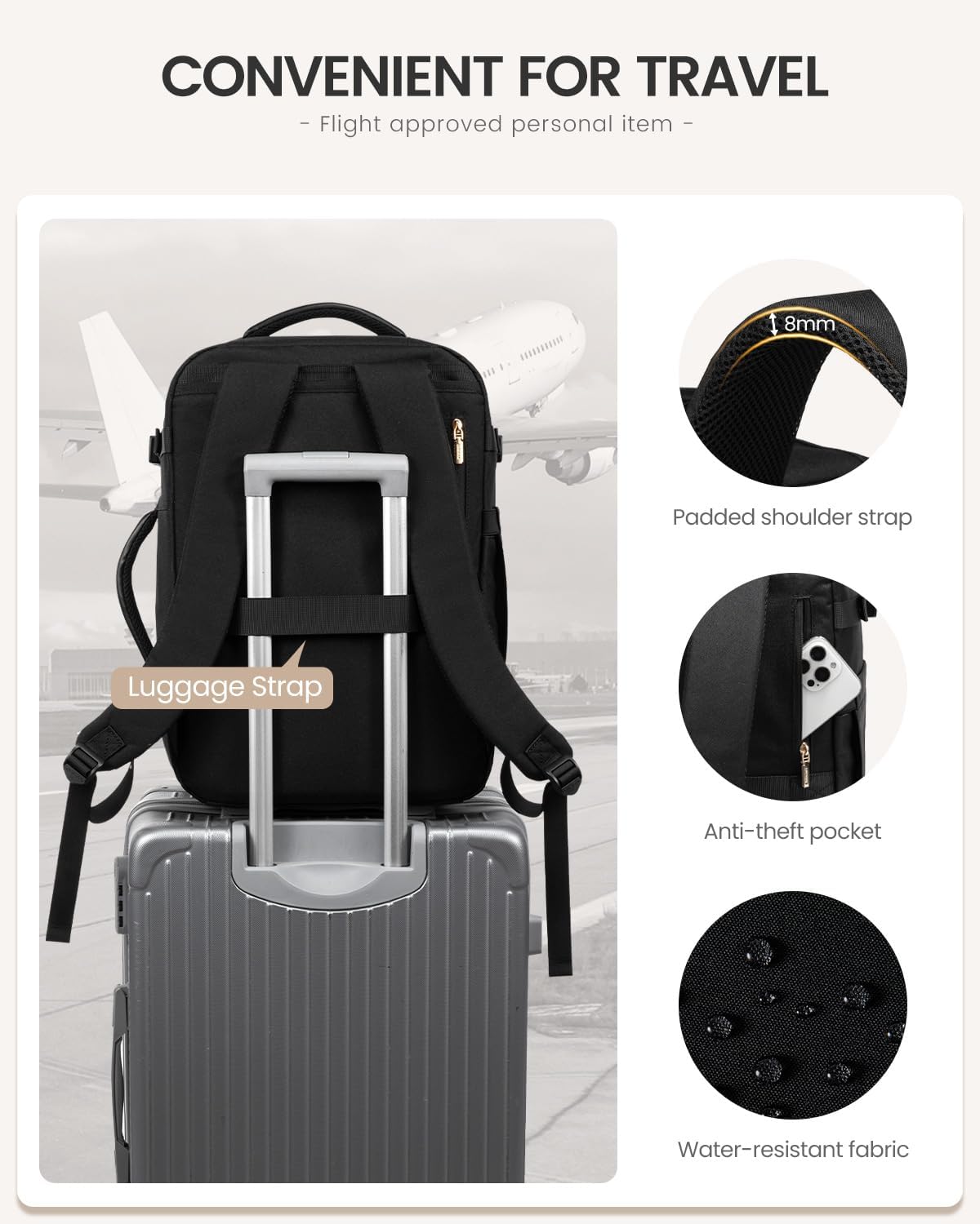 Thumbnail 6 de LOVEVOOK 40L Travel Backpack for Women & Men (TSA Personal Item) with Waterproof Compartments and Laptop Sleeve, Black