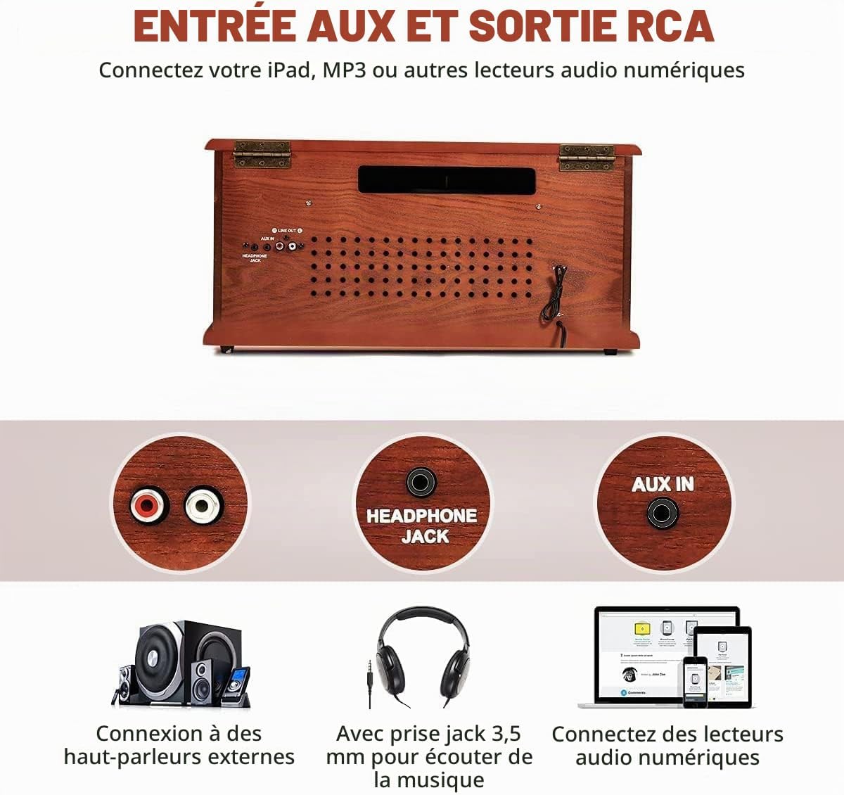 Detalle de ORCC TT-168-REC 10-in-1 platenspeler met Bluetooth, cd, cassette en radio