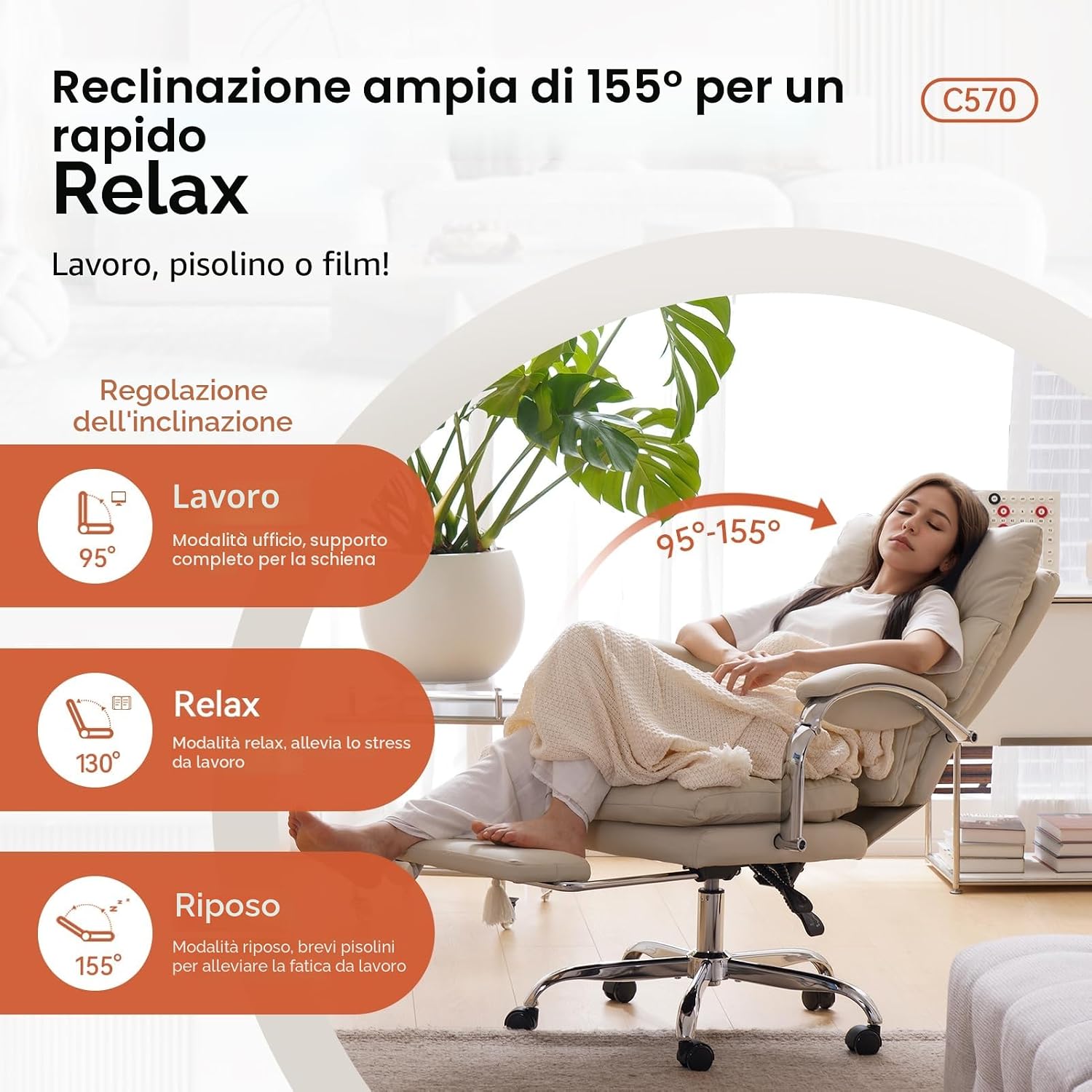 Thumbnail 2 de EMIAH Sedia da Ufficio Direzionale con Poggiapiedi: ergonomia e comfort premium (Beige)