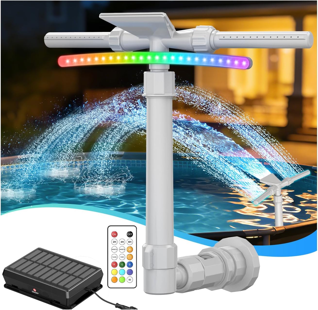 Detalle de Mooroer Fontaine de Piscine Solaire Tête 2 en 1 : cascade réglable, LED 9 couleurs et télécommande