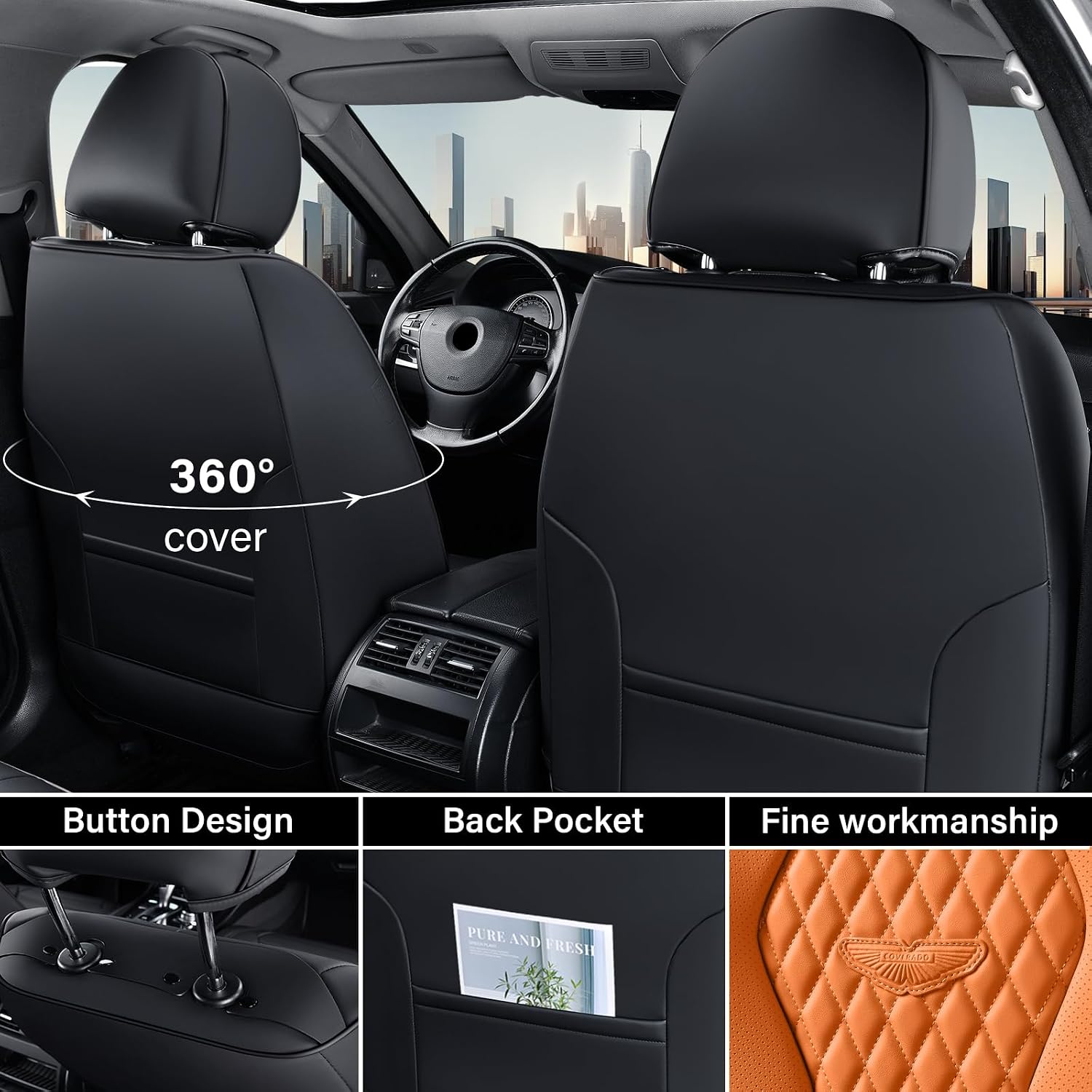 Detalle de Coverado Car Seat Covers: Front Seats, Orange, Waterproof, with Foam Padding