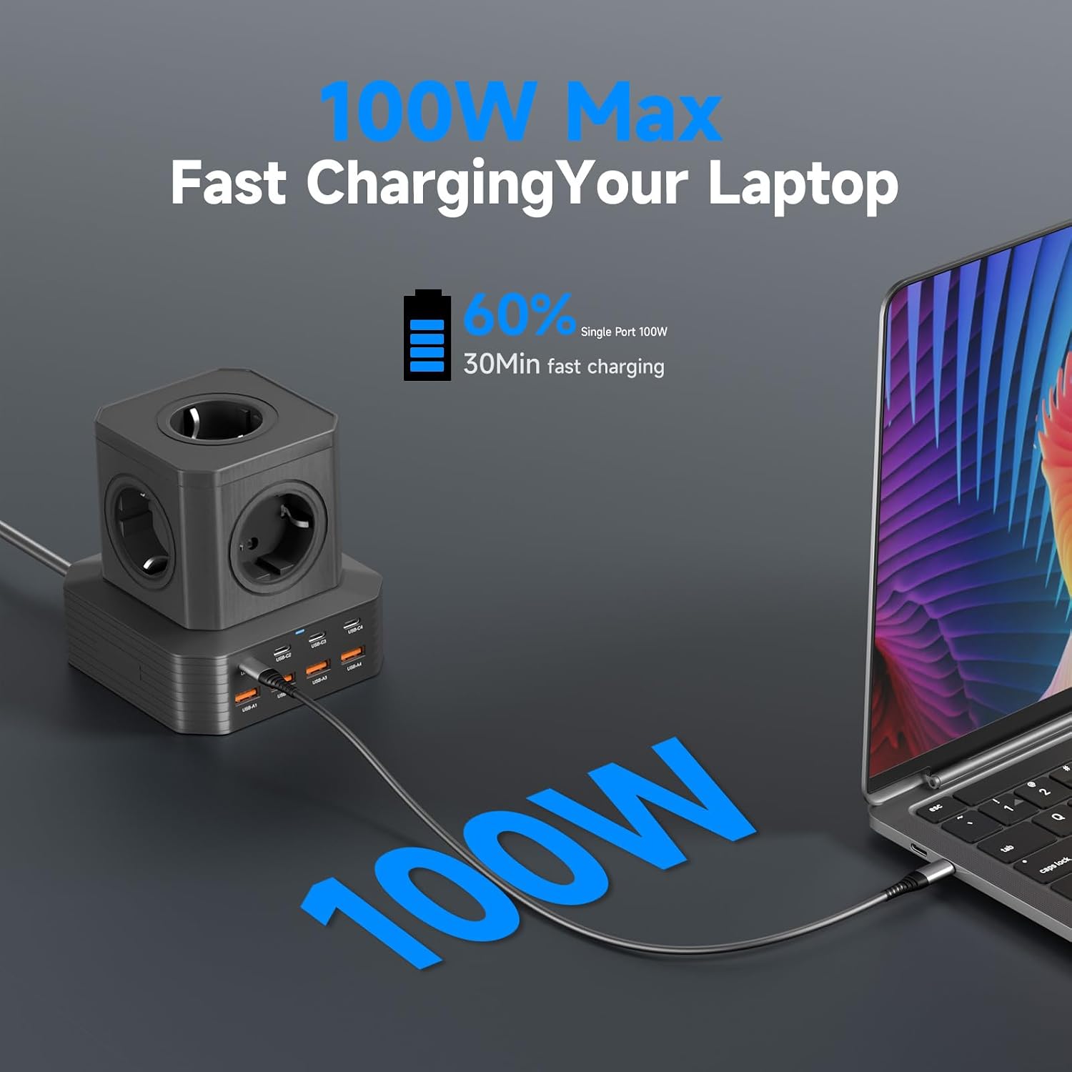 Detalle de TOPREK 100W Multiprise USB Cube 13 en 1 avec 8 ports USB et 5 prises AC, câble 2 m