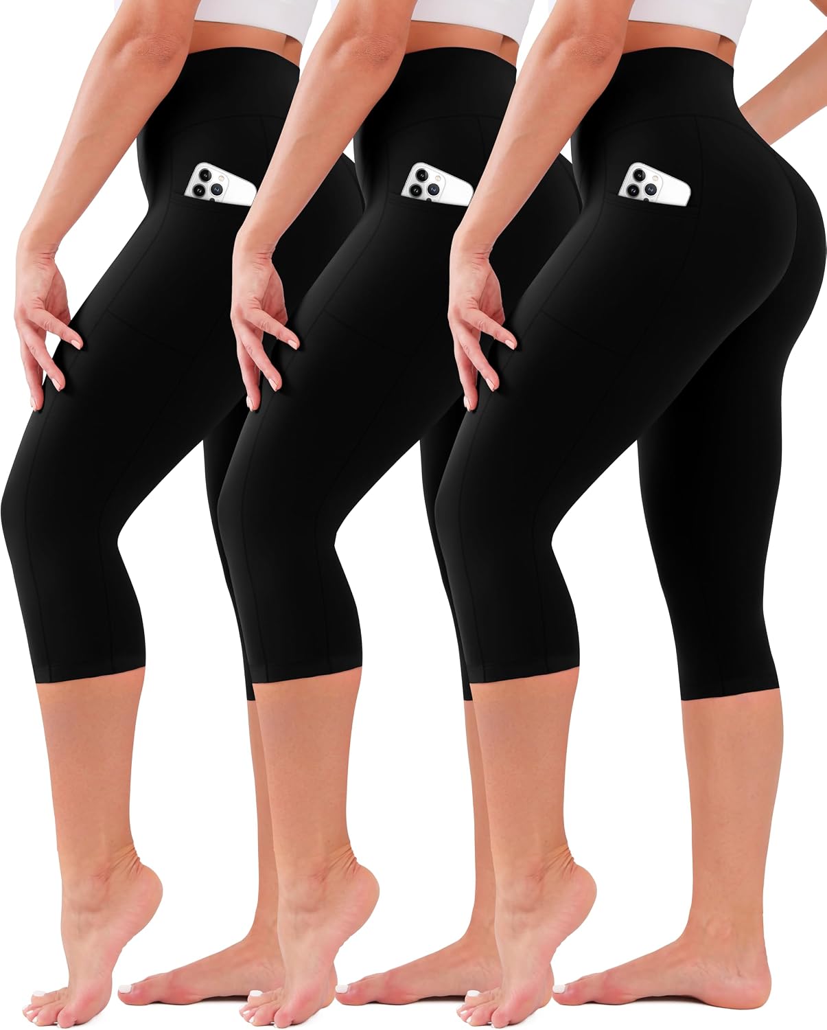 Detalle de SUNCLOVE 3 Pack Leggings with Pockets: High-Waisted, Tummy Control Capri-Style Yoga Pants for Women