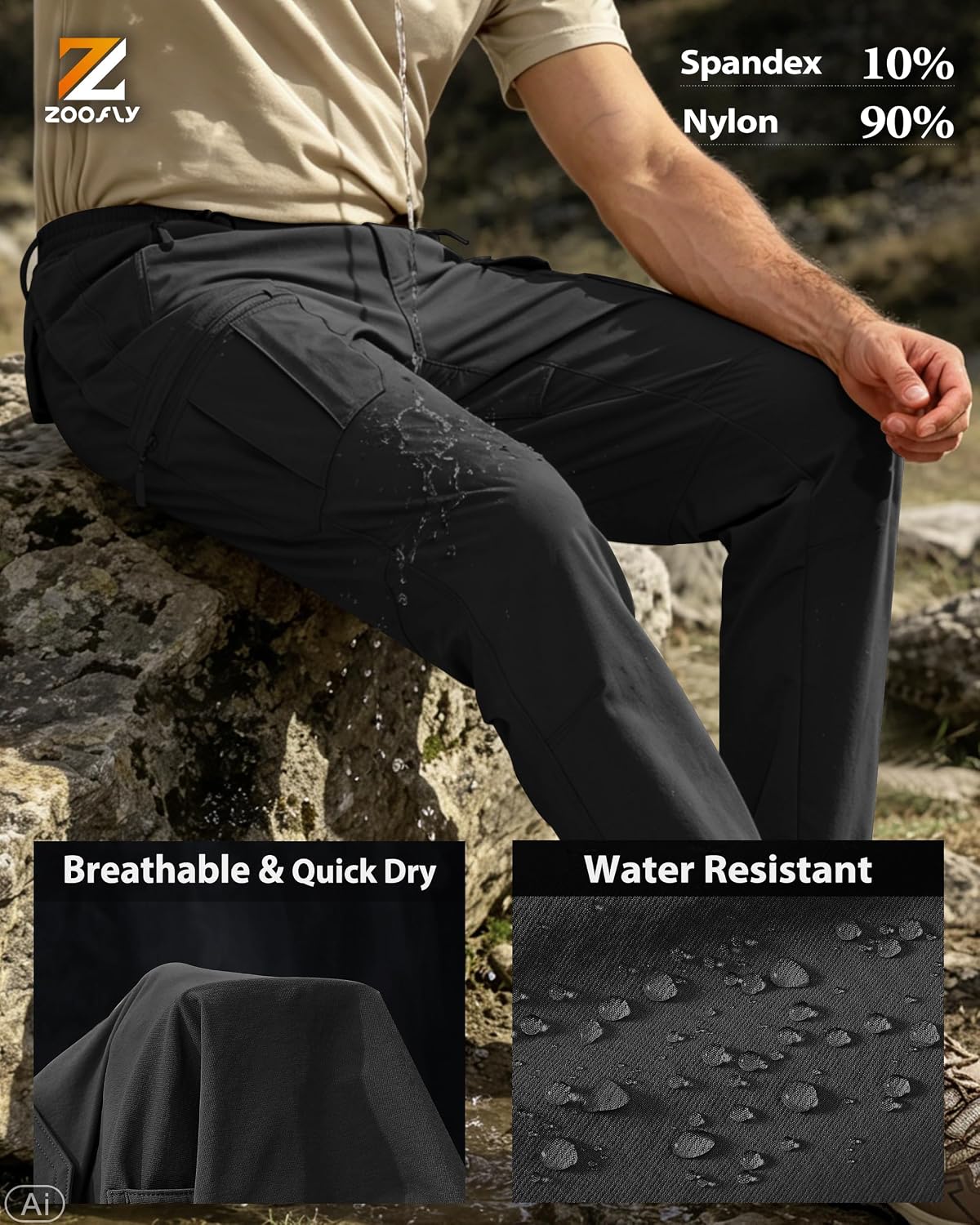 Detalle de Zoofly Men's Hiking Cargo Pants, Stretch Nylon, Waterproof, 6 Pockets