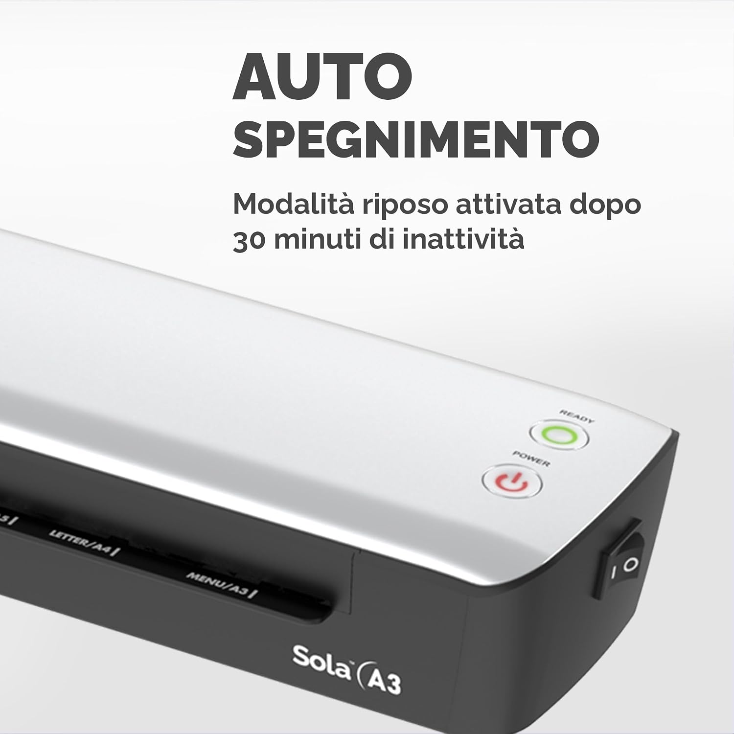 Detalle de Fellowes Plastificatrice Sola A3: plastificazione domestica fino a 125 µm, leva di sblocco e modalità riposo
