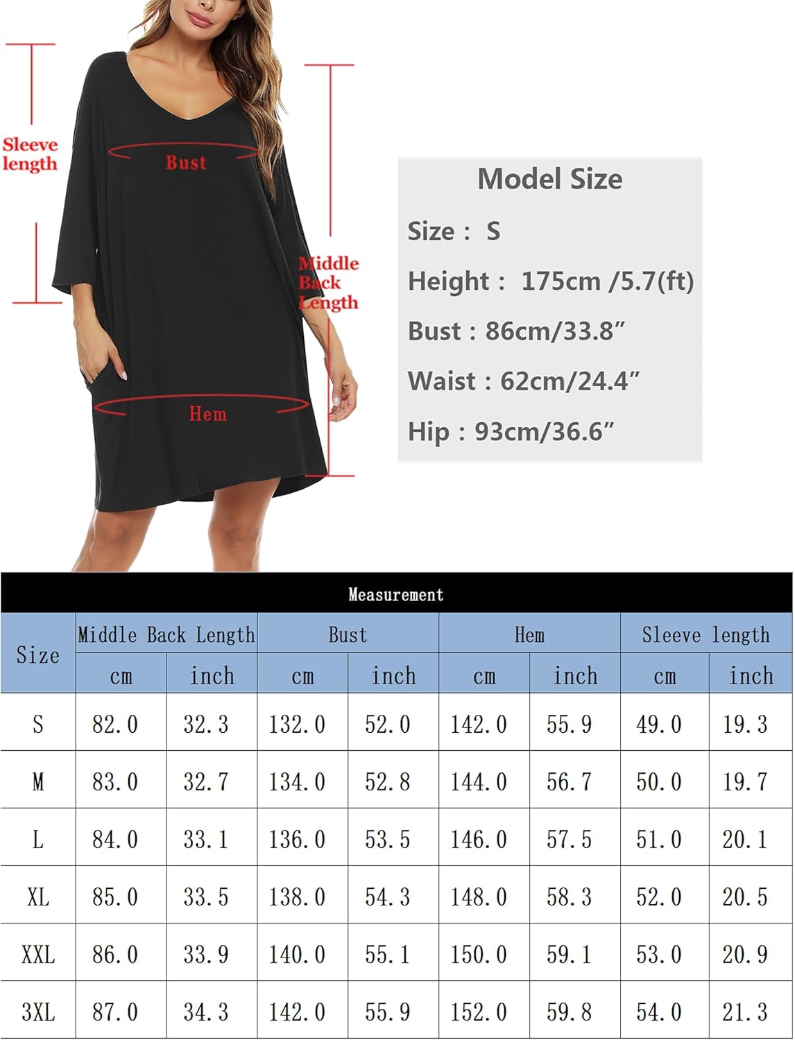 Thumbnail 5 de Bresdk Camicia da Notte Donna Cotone Modal Morbida con Manica 3/4, Scollo a V e Tasche – Taglie Forti