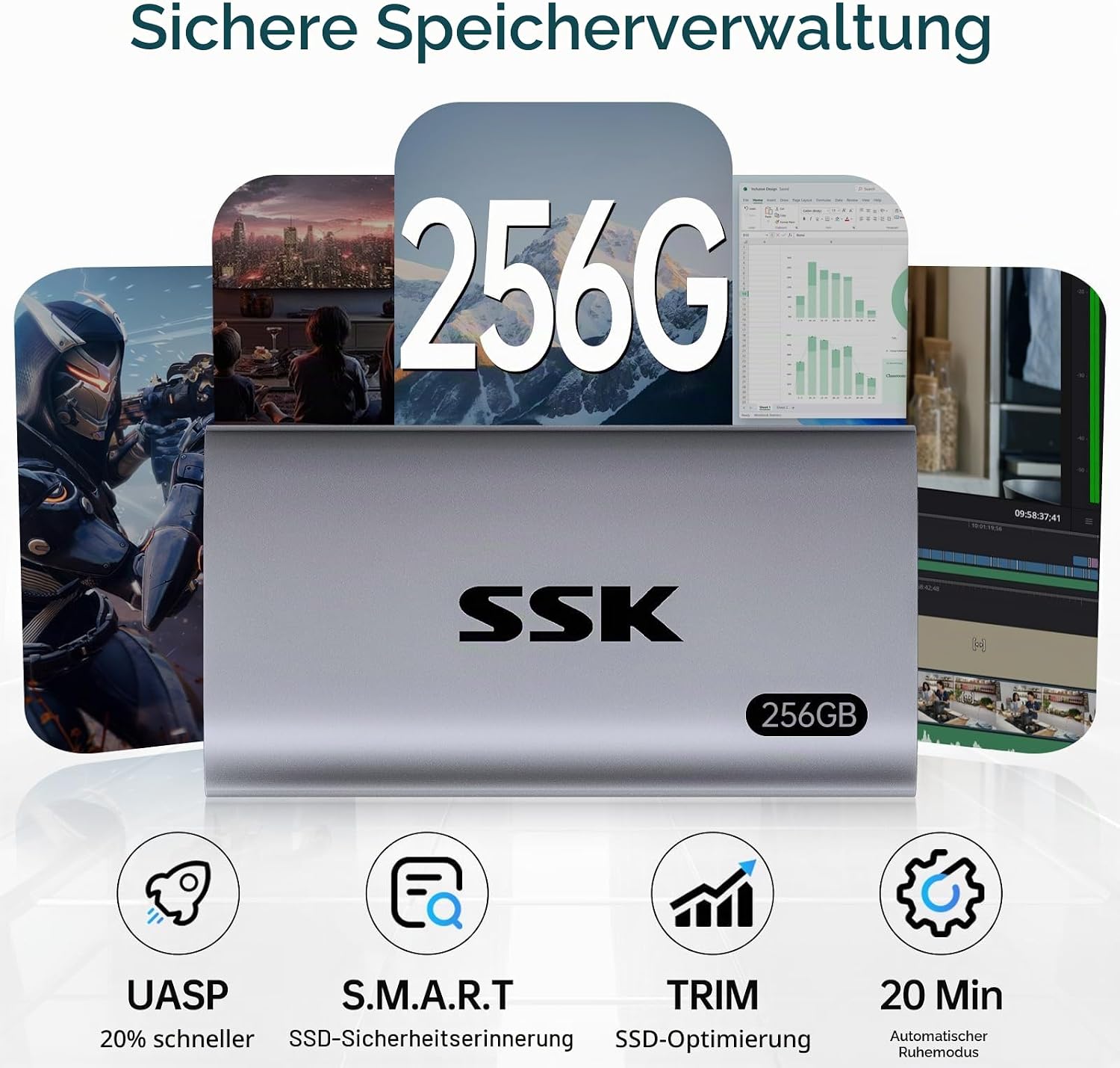 Detalle de SSK Externe SSD 256GB – USB 3.2 Gen2 Portable SSD mit USB-C/USB-A Kabel