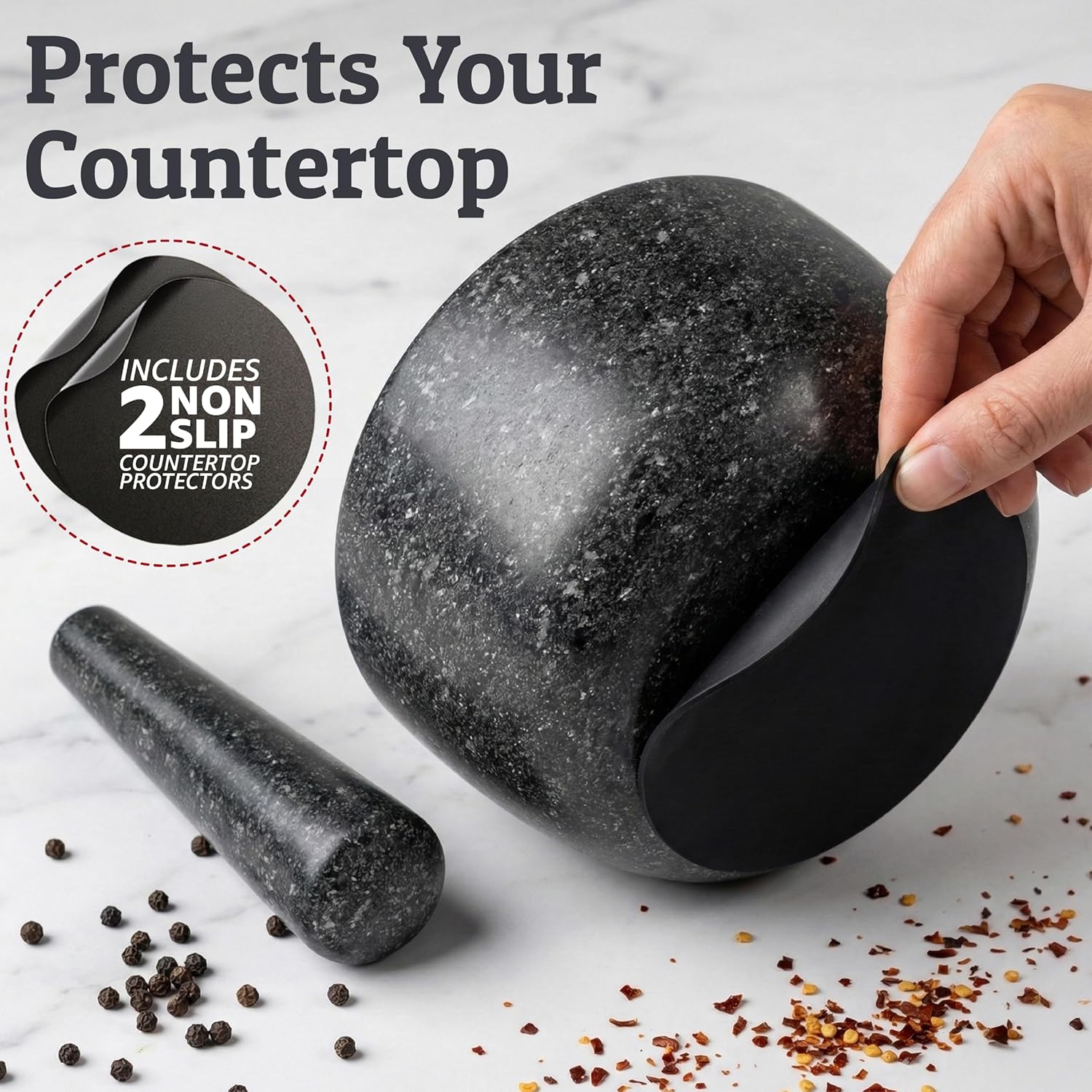 Thumbnail 3 de PriorityChef Heavy Duty Large 2-Cup Granite Mortar and Pestle Set (Black) with Non Slip Base