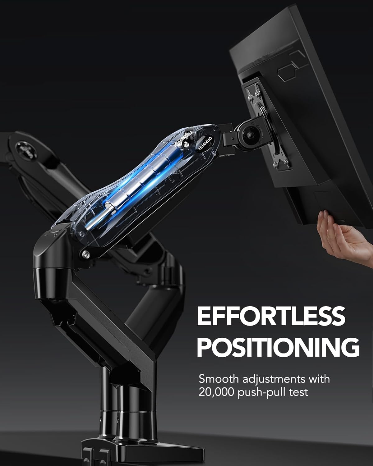 Detalle de HUANUO FlowLift Dual Monitor Stand — Fully Adjustable Dual Arm Desk Mount for 13–32" Screens