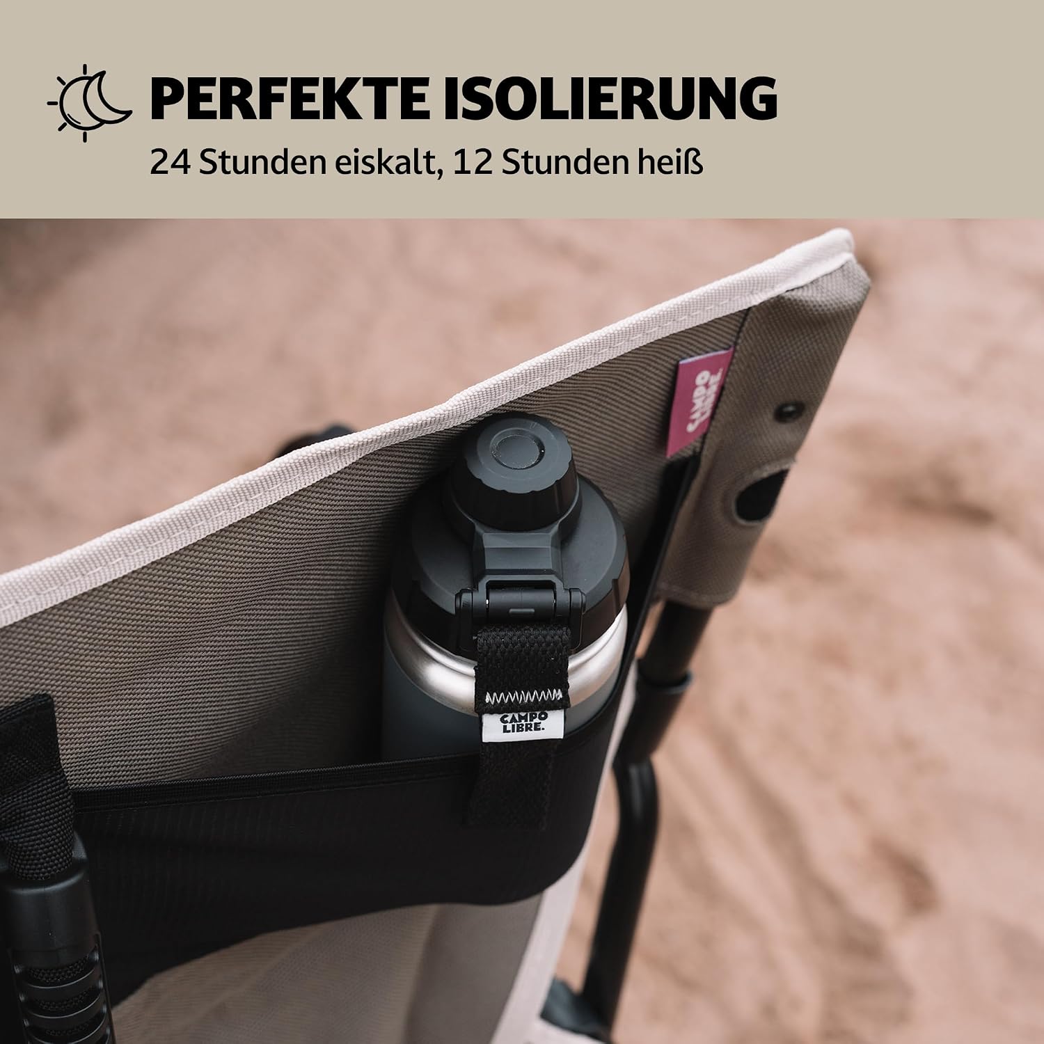Detalle de Campo Libre. Premium Edelstahl Trinkflasche 400 ml – isolierter Thermobecher, 12h heiß/kalt, auslaufsicher